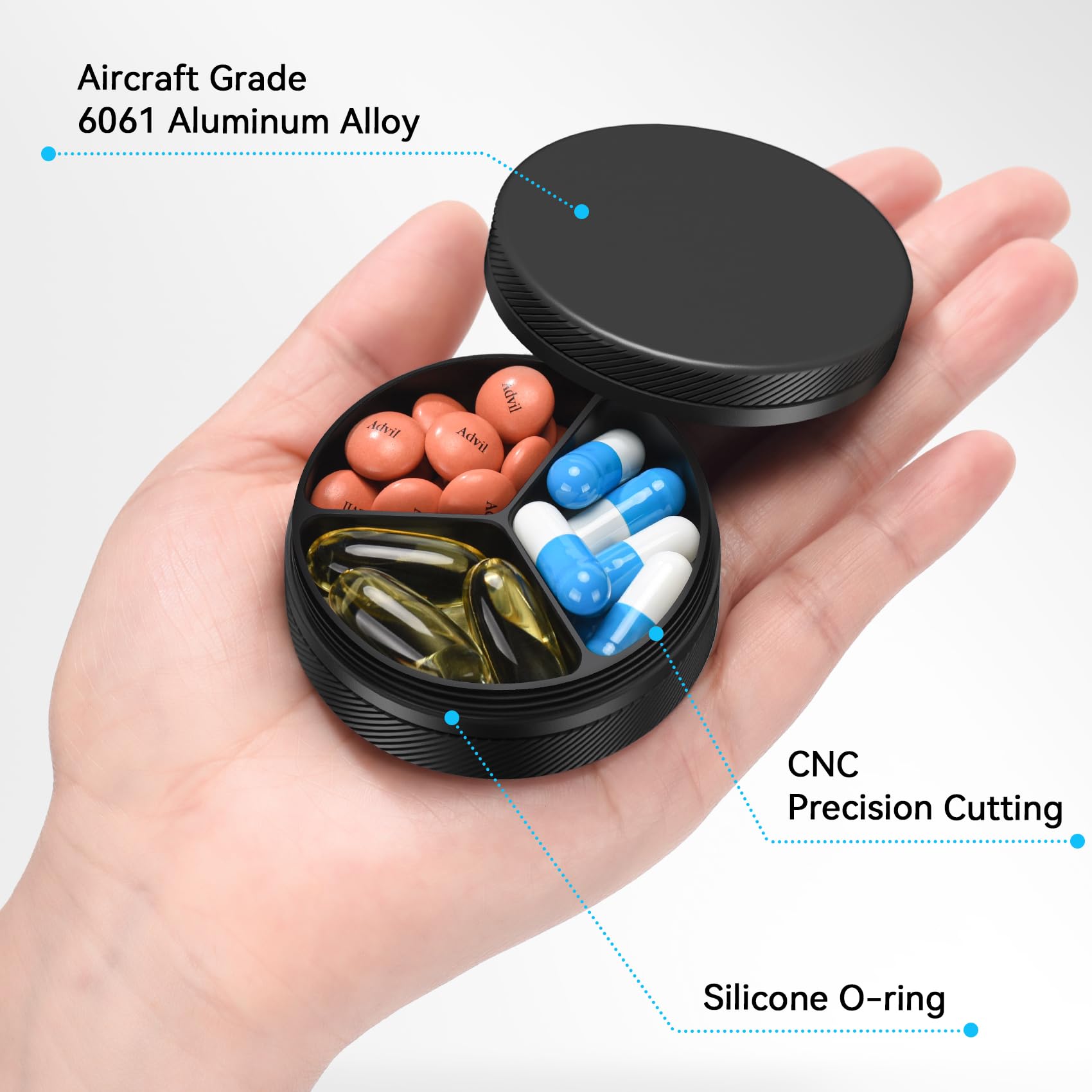Aufew Small Metal Pill Case, 3 Compartment Travel Pill Organizer for Purse Pocket, Portable Pill Container for 3 Times a Day Pil