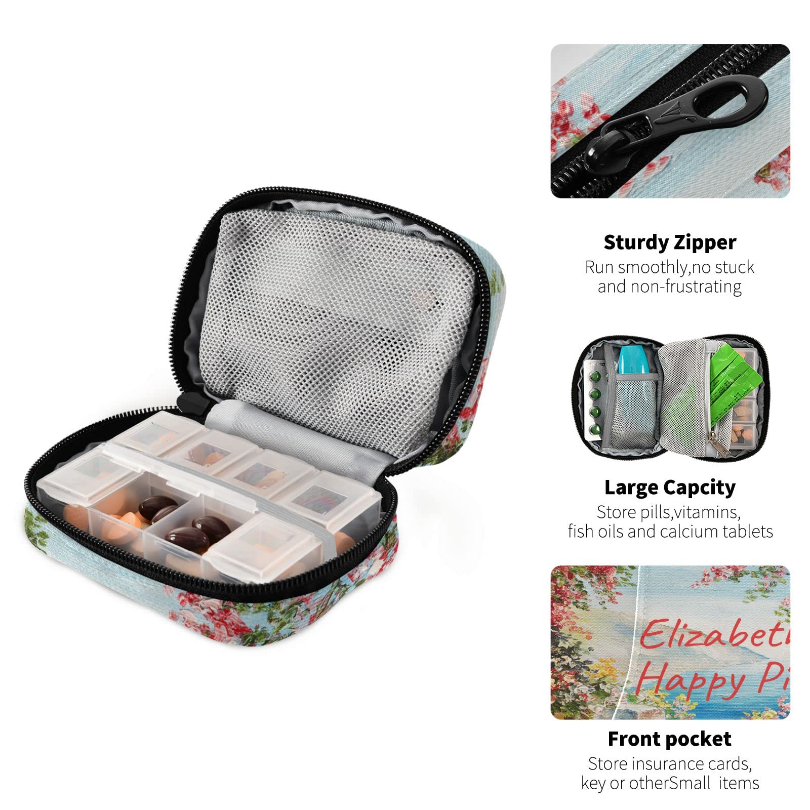 Custom Pill Box 7 Day Pill Case Bag Oil Painting Sea Flowers Personalized Name Travel Pill Organizer Bag with Zipper Portable We