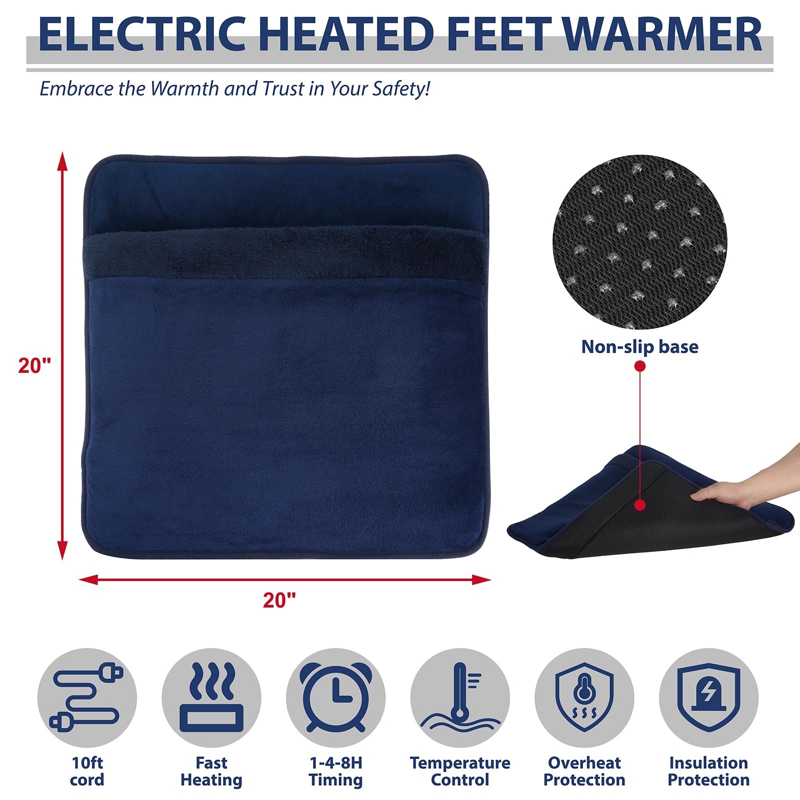 Heated Electric Pad for Foot,Double-Sided Heating,6 Fast Heating Settings 3 Timers,10 ft Cord Electric Fast Heat Pad with Heat S
