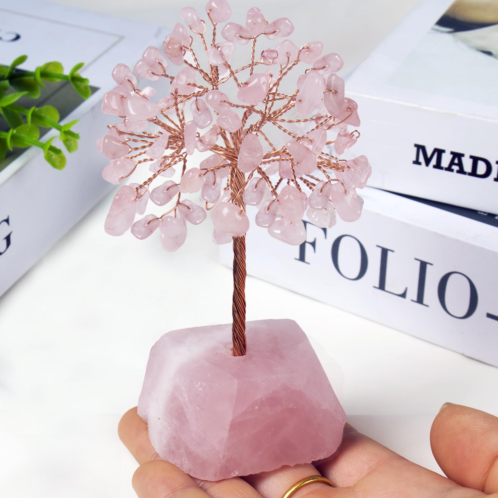 QLRSUXN Rose Quartz Crystal Tree of Life,4 Inch Natural Healing Stones,Reiki Energy Money Tree, Handmade with Copper Wire,Feng S