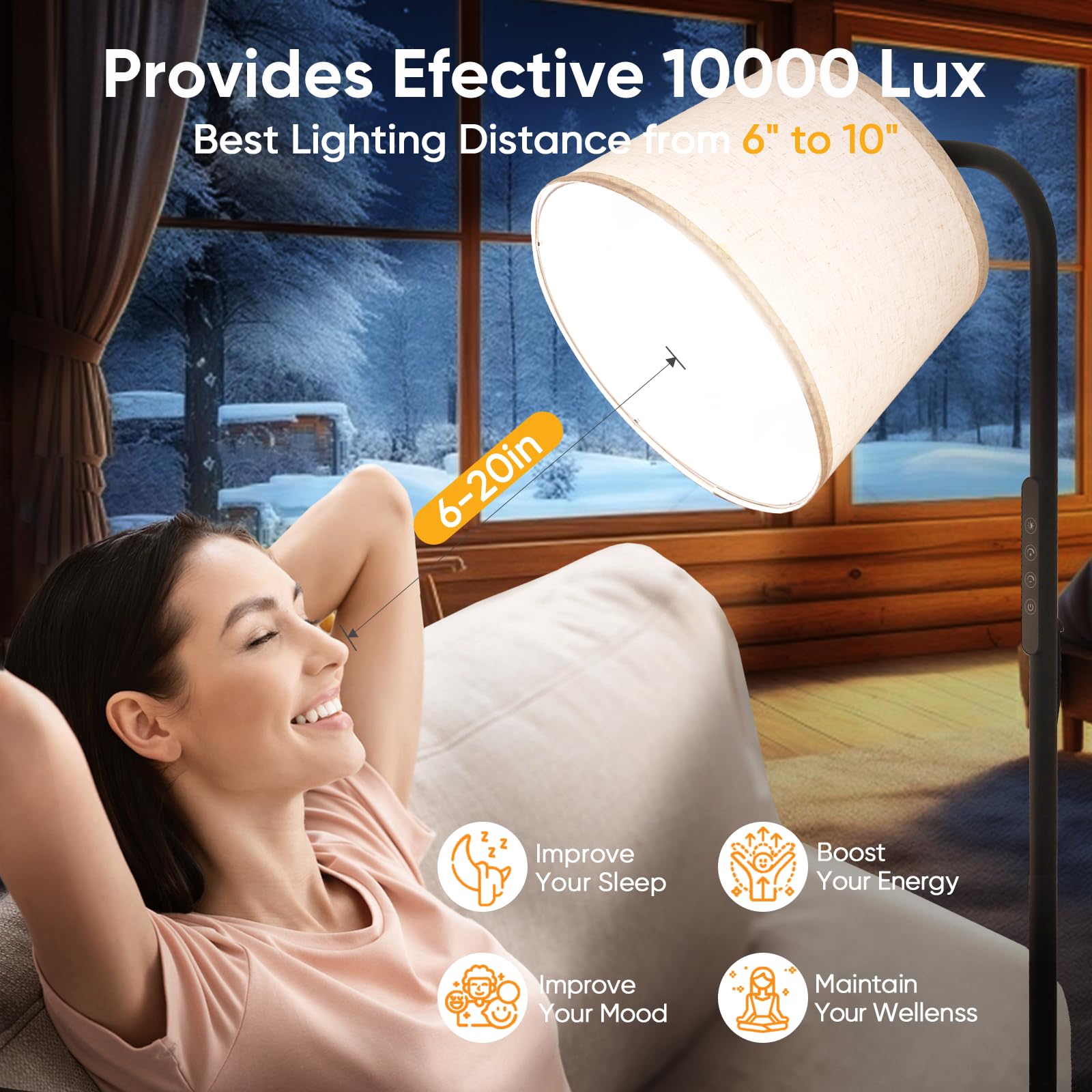 Caromolly Light Therapy Floor Lamp, 10000 Lux with Remote, Adjustable Color/Brightness/Timer, Modern Linen Shade for Office, Liv