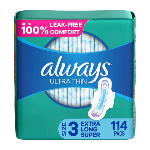 Always Ultra Thin Feminine Pads For Women, Size 3 Extra Heavy Long Absorbency, Multipack, With Wings, Unscented, 38 Count x 3 Pa
