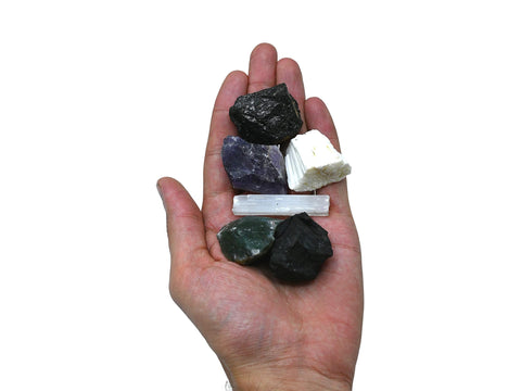 Crystals for House Protection Manifestation, Set of 6 Amethyst, Scolecite, Shungite, Black Tourmaline, Selenite and Moss Agate H