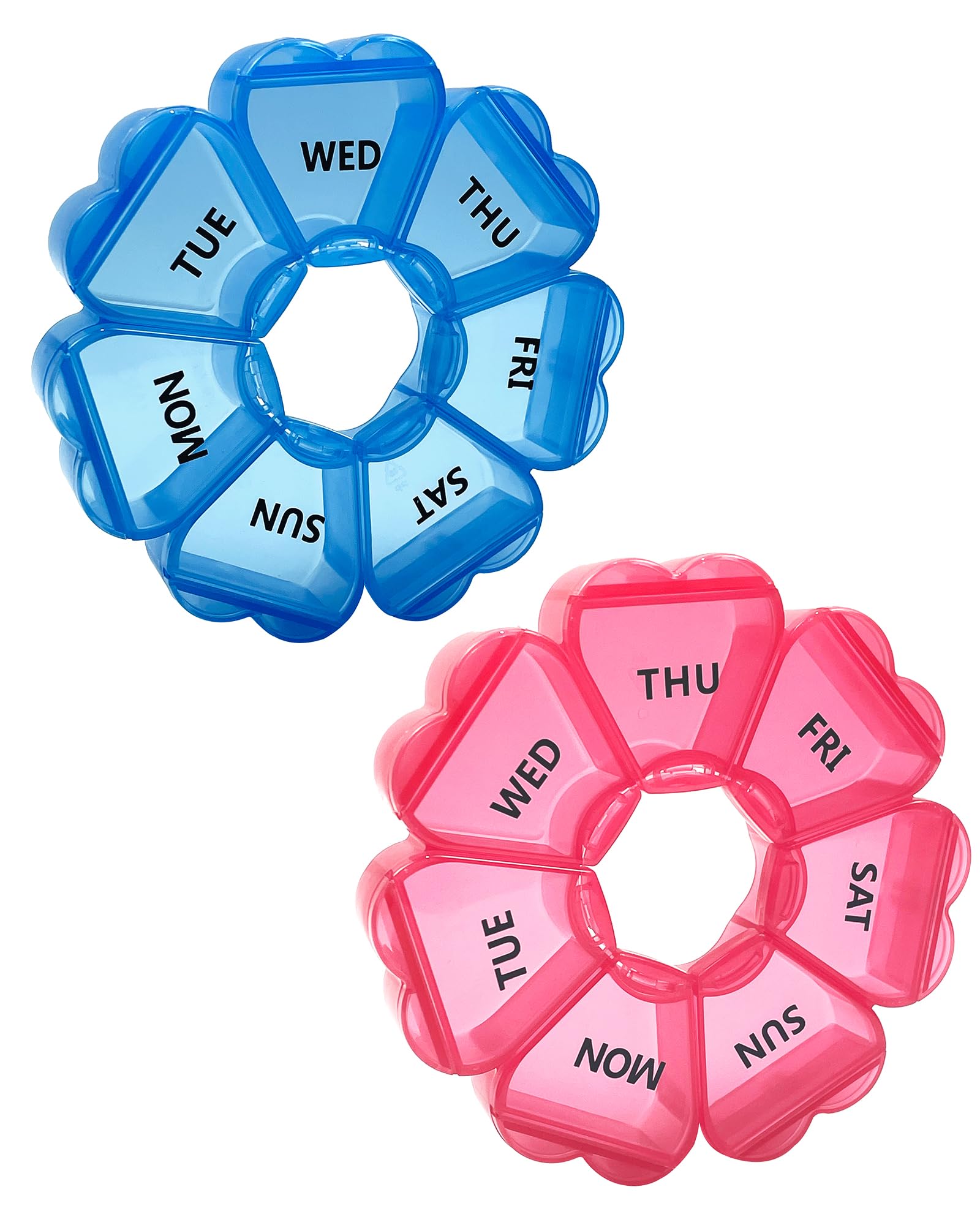 Large Weekly Pill Organizer,7 Day Cute Heart Pill Organizer,Weekly Container for Fish Oil/Medicine/Supplements (Blue2+Pink3)