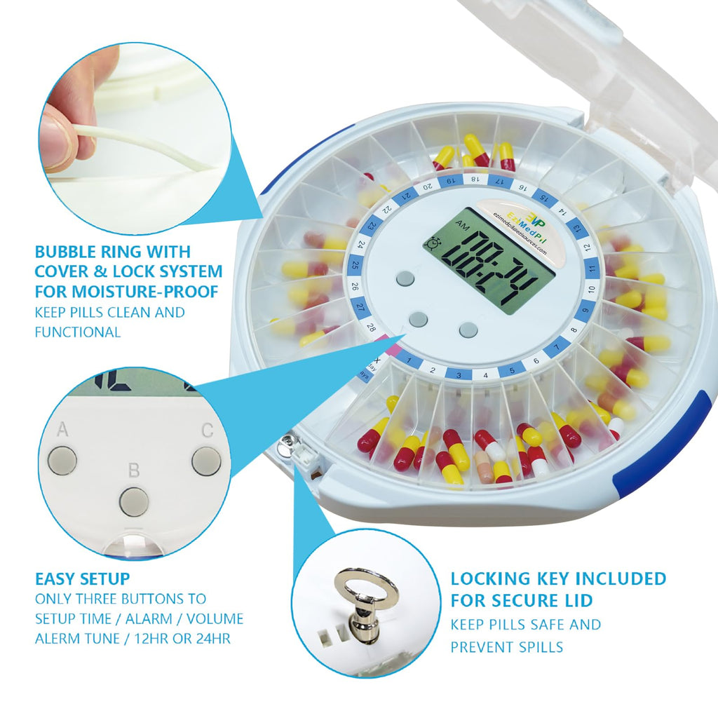 EziMedPil Automatic Pill Dispenser for Elderly & Alzheimers Care w/Audio & Visual Alerts, up to 6 Alarms/Day, Easy-Read LCD Disp