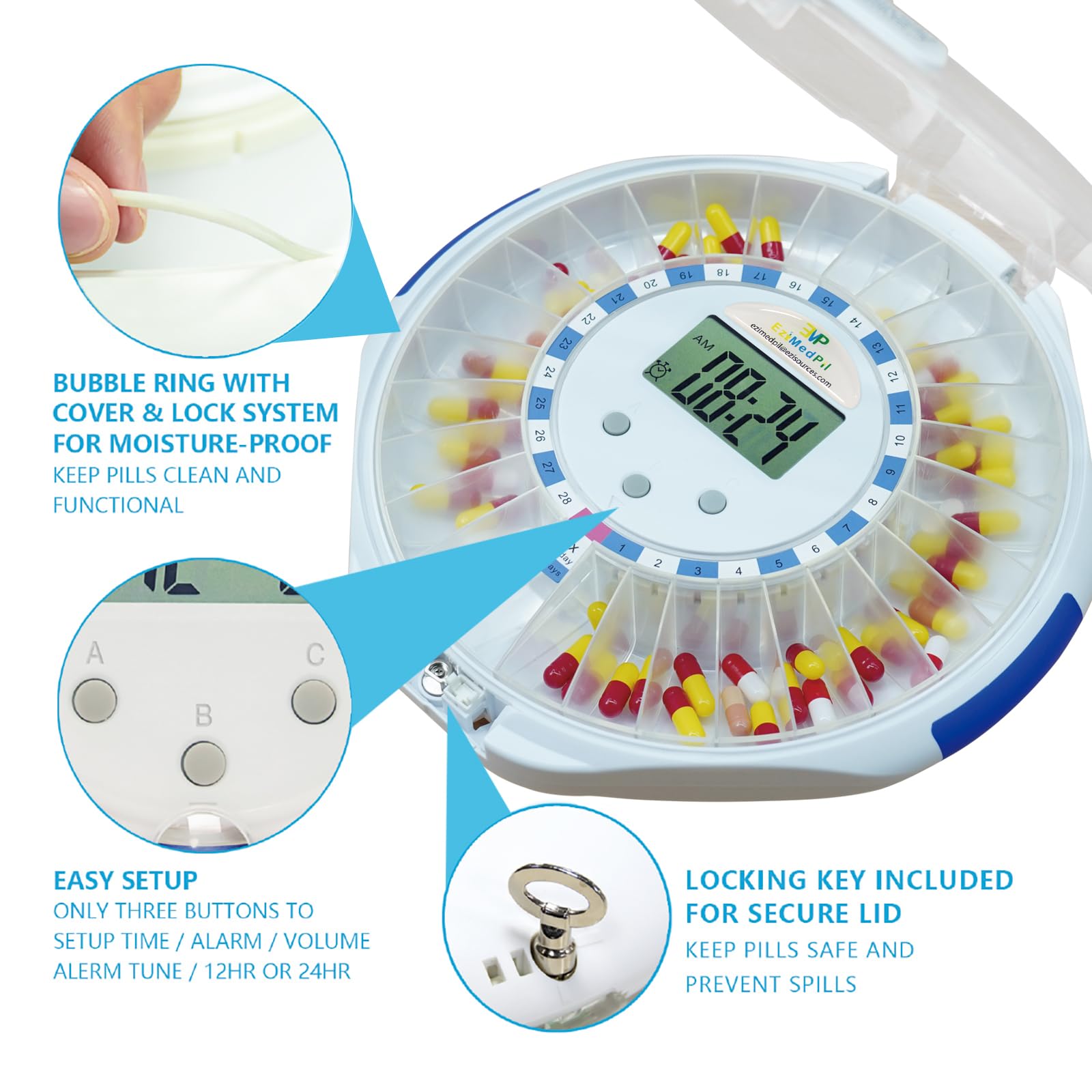 EziMedPil Automatic Pill Dispenser for Elderly & Alzheimers Care w/Audio & Visual Alerts, up to 6 Alarms/Day, Easy-Read LCD Disp