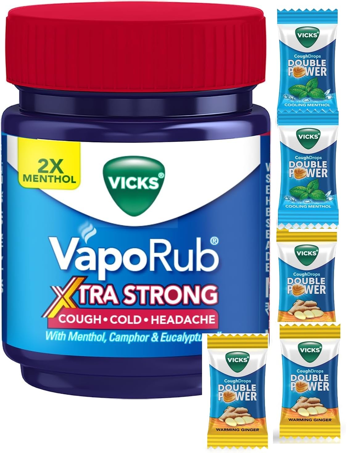 Vicks VapoRub Xtra Strong Soothing Vapour Ointment Suitable for Adults and Children Above 6 Years Old (50 ml - 1.7 oz) + 5pcs Th