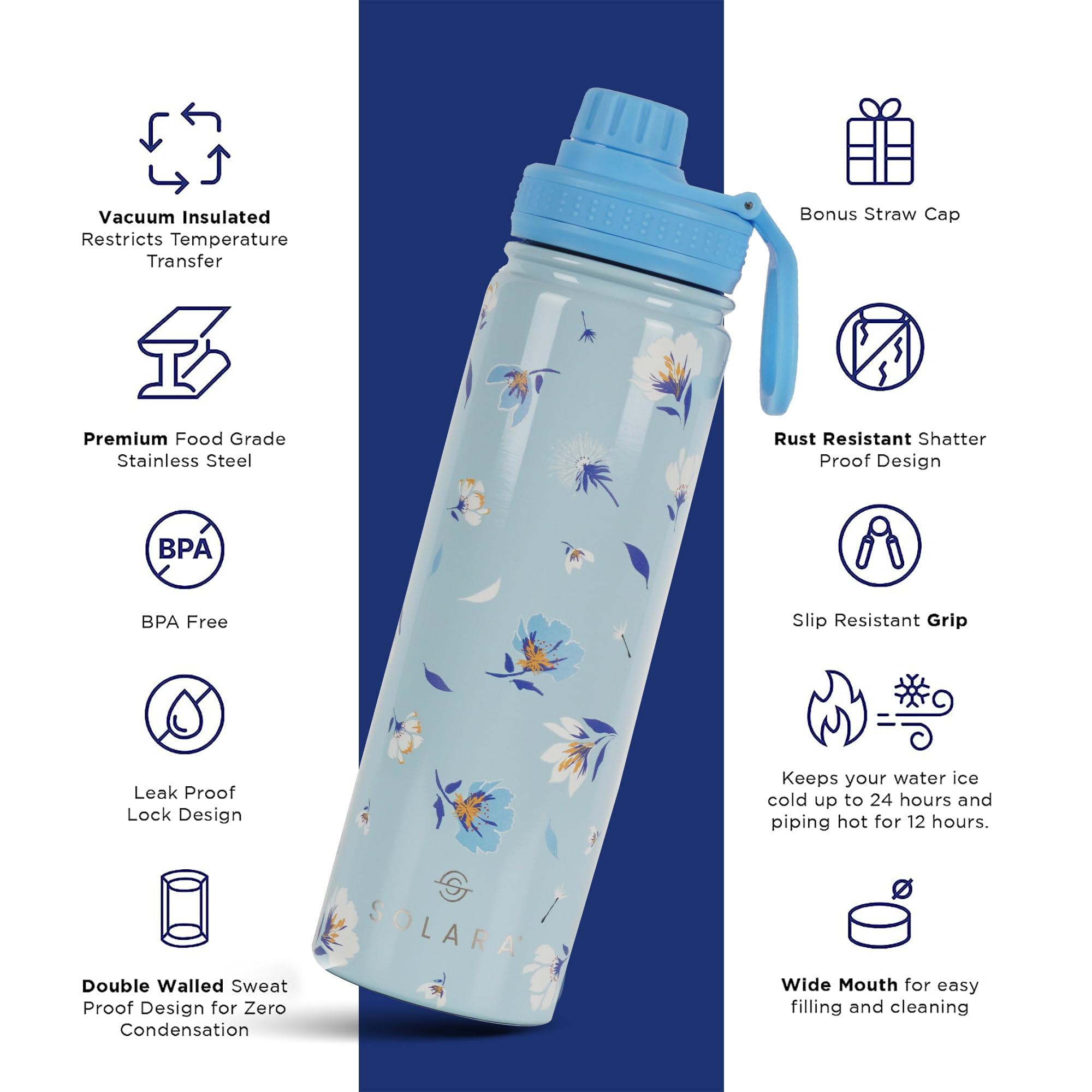 SOLARA Insulated Water Bottle 650ml, Hot Water Bottle, Hot and Cold Thermosteel Bottle for Travel, Home, Office, School, Hot and