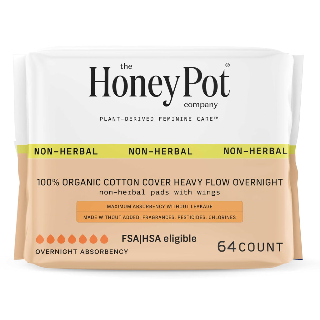 The Honey Pot Company - 64ct - Pads for Women - Non-Herbal Heavy Overnight Pads w/Wings - Organic Cotton Cover, & Ultra-Absorben