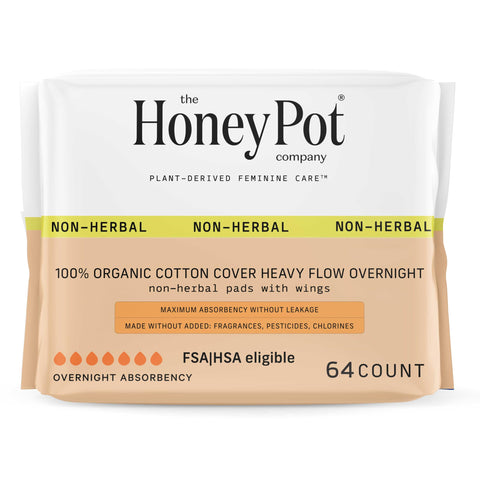 The Honey Pot Company - 64ct - Pads for Women - Non-Herbal Heavy Overnight Pads w/Wings - Organic Cotton Cover, & Ultra-Absorben
