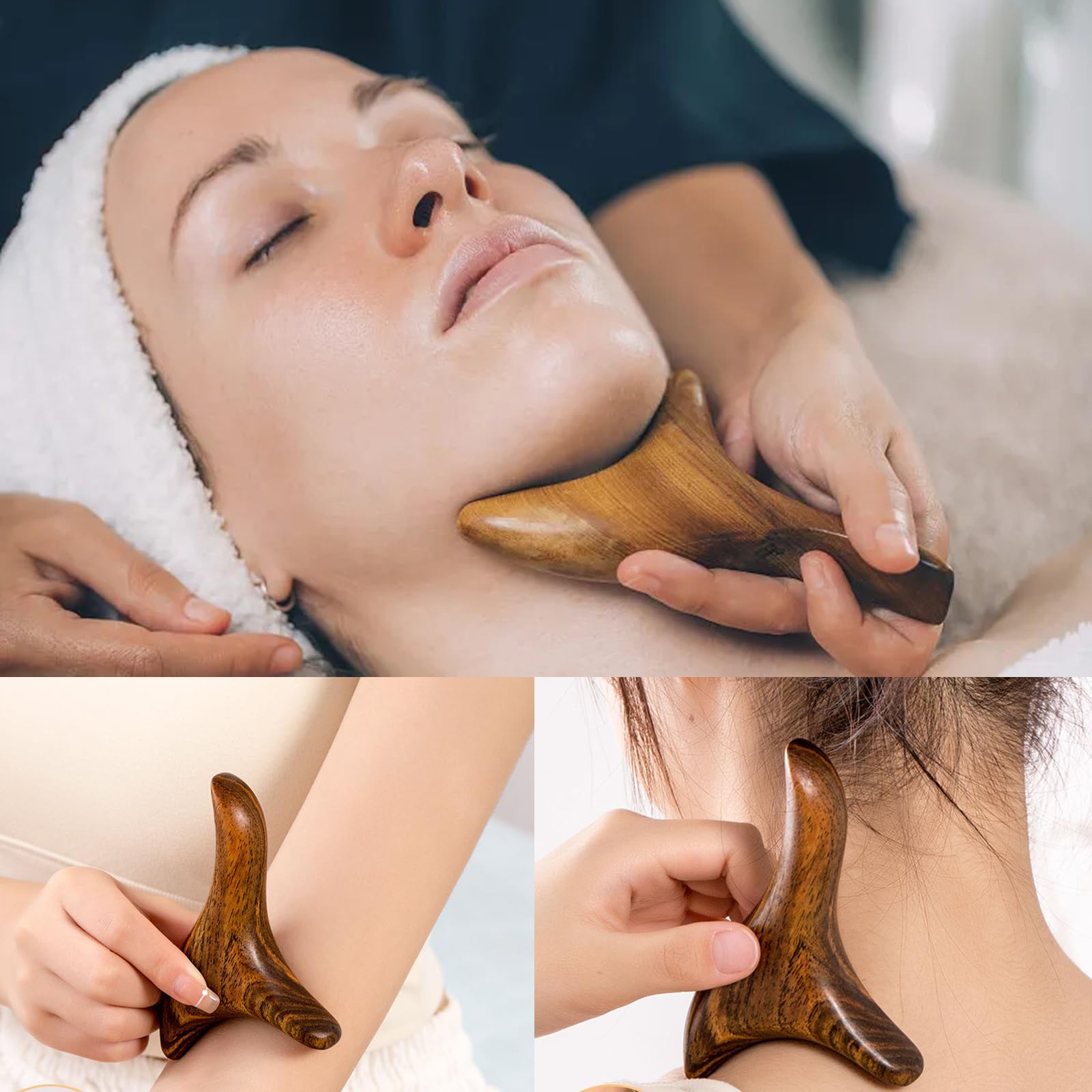 Honbay 2PCS Reflexology Tools Wood Body Massager Triangle Gua Sha Board Scraping Board Foot Massage Stick Tool Head Neck Hand Wa