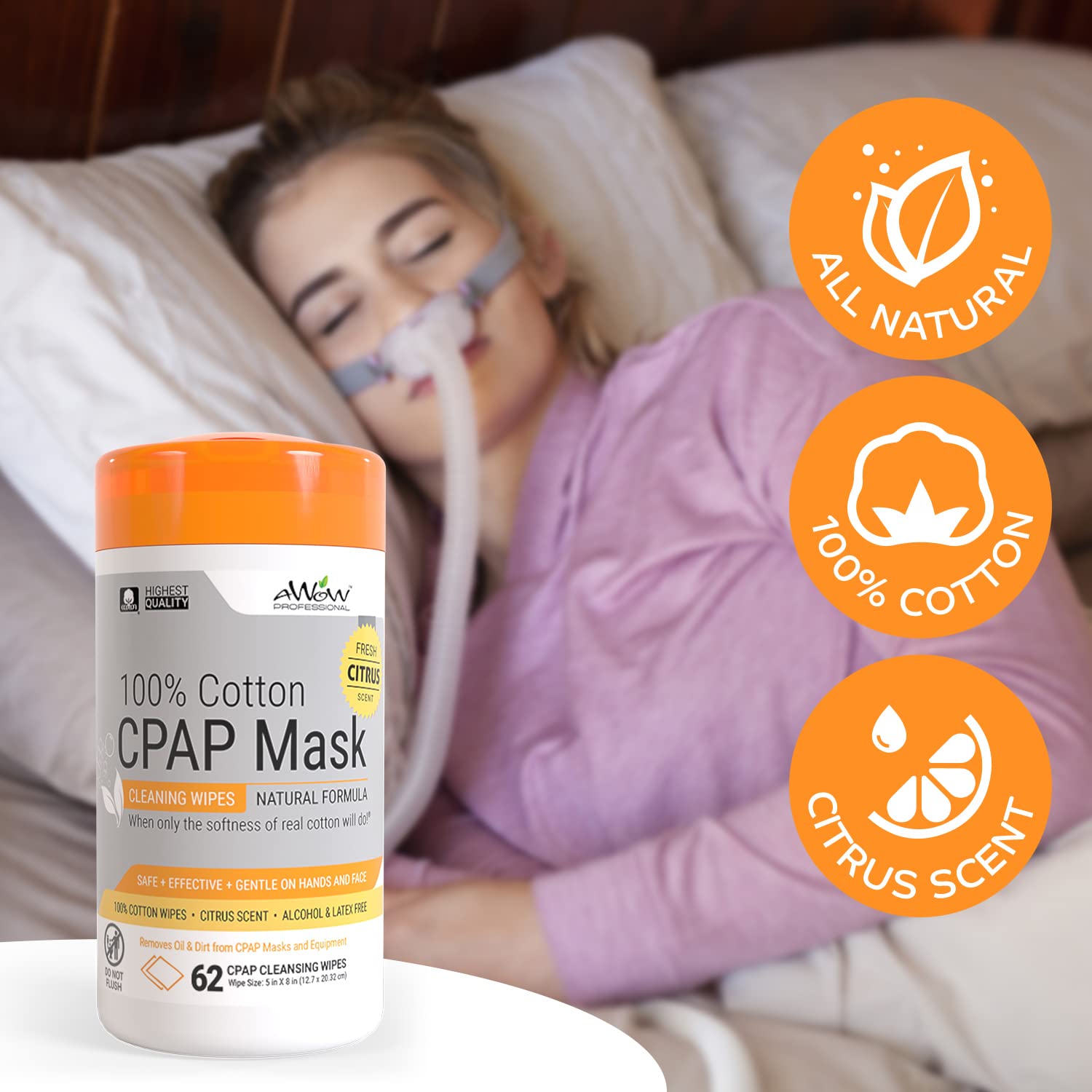 AWOW Scented CPAP Wipes CPAP Mask Cleaner for Daily CPAP/BiPAP Mask Maintenance, 100% Cotton Safe on CPAP Masks, Mildly Scented