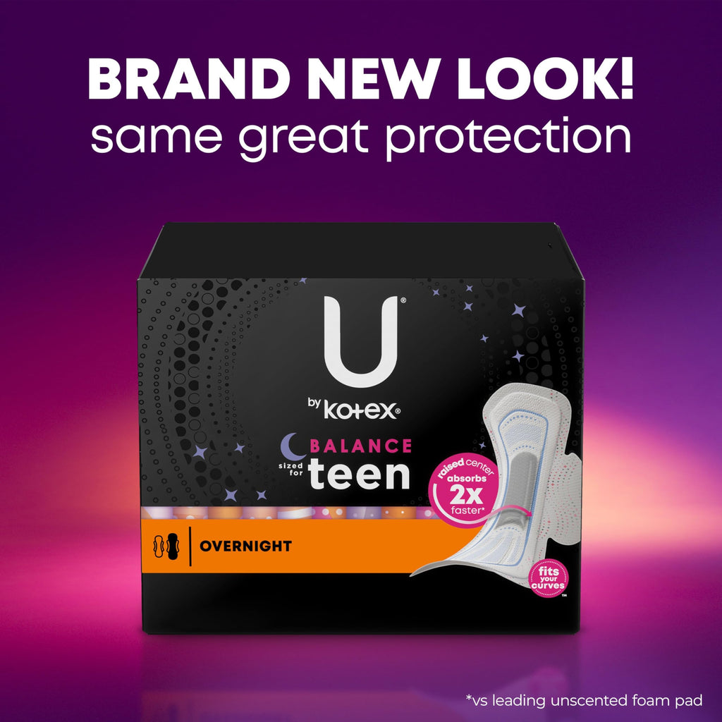 U by Kotex Balance Sized for Teens Ultra Thin Overnight Pads with Wings, 48 Count (4 Packs of 12) (Packaging May Vary)