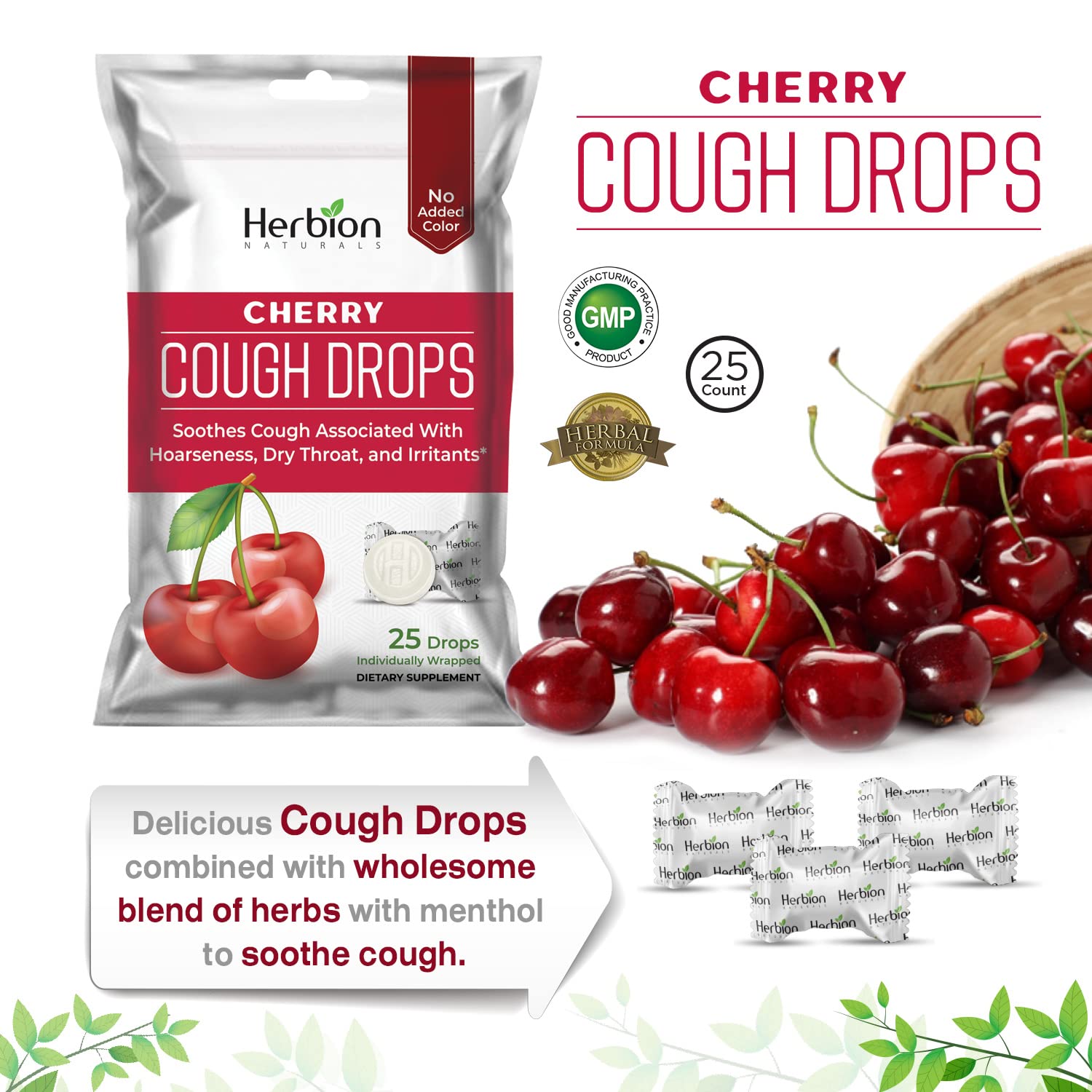 Herbion Naturals Cough Drops with Natural Cherry Flavor, Dietary Supplement, Soothes Cough, for Adults and Children Over 6 Years