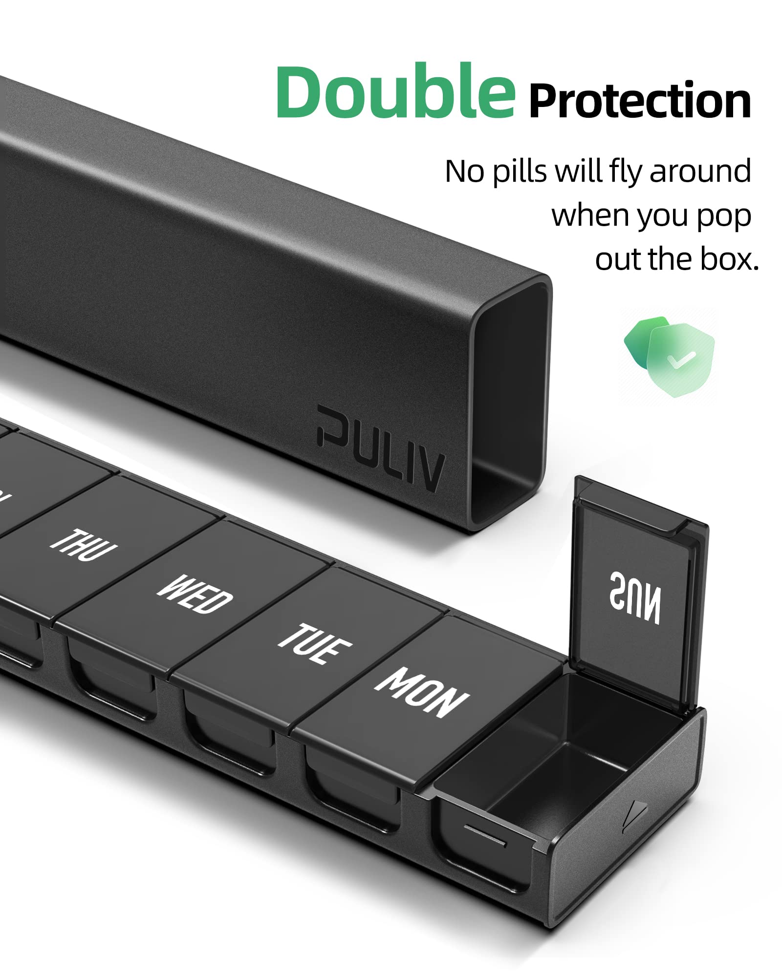 PULIV Dual Black Lightproof Weekly Pill Organizer, Extra Large Travel Pill Box 7 Day with Privacy Protection Design, BPA-Free Da