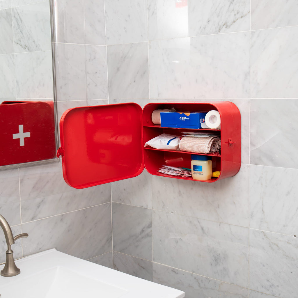Mind Reader First Aid Box, Emergency Kit, Medical Supply Organizer, Wall Mountable, Metal, 12.25 L x 9.25 W x 4.25 H, Red