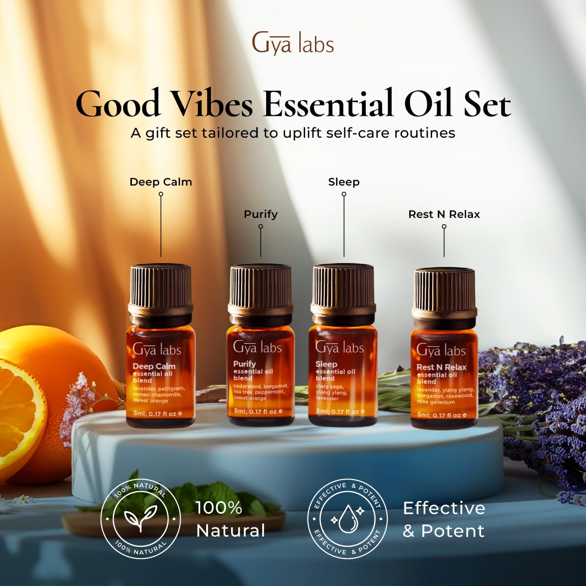 Gya Labs Good Vibes Essential Oil Set, Essential Oils for Diffusers, Self-Care, Skin, Candle Making & Gift Set - Peppermint, Ros