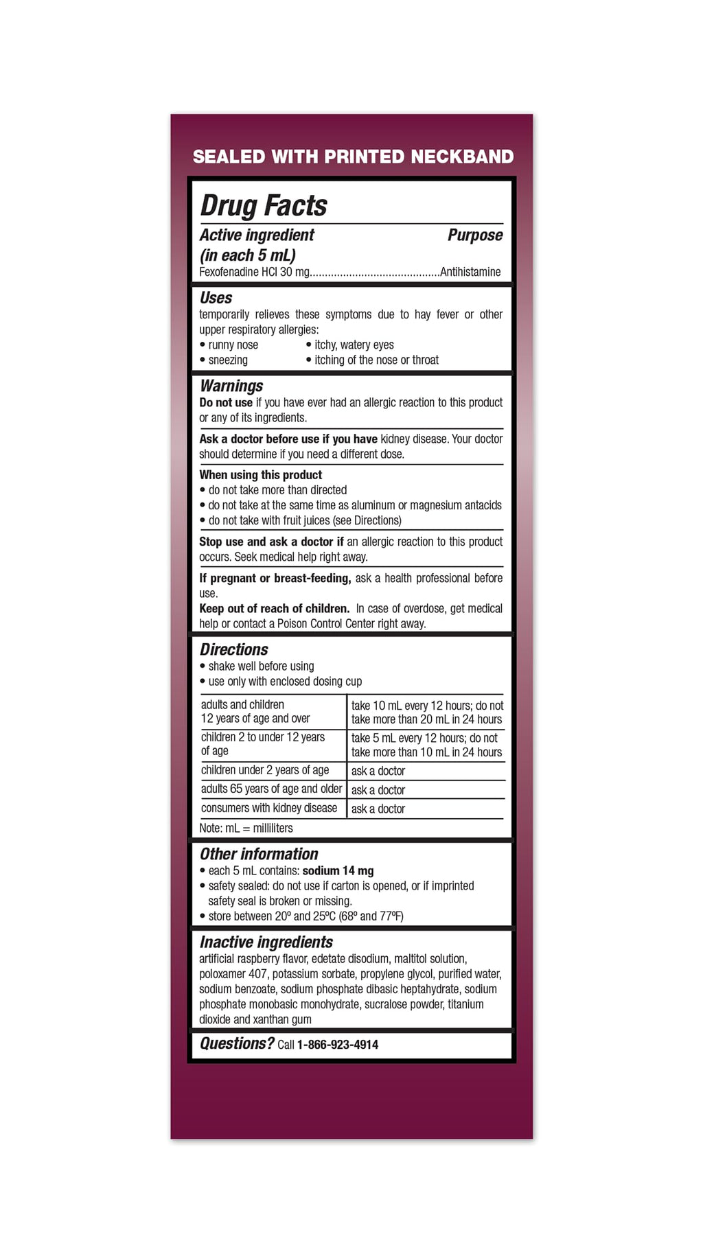 TARO Childrens 12HR Allergy Relief Non-drowsy Antihistamine Liquid, Berry Flavor, Alcohol-Free, Dye-Free & Sugar Free, Fexofena