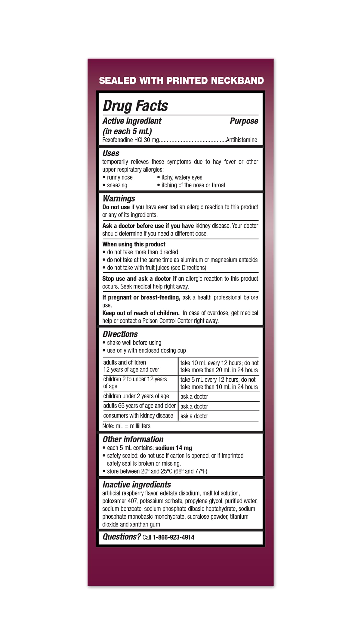 TARO Childrens 12HR Allergy Relief Non-drowsy Antihistamine Liquid, Berry Flavor, Alcohol-Free, Dye-Free & Sugar Free, Fexofena