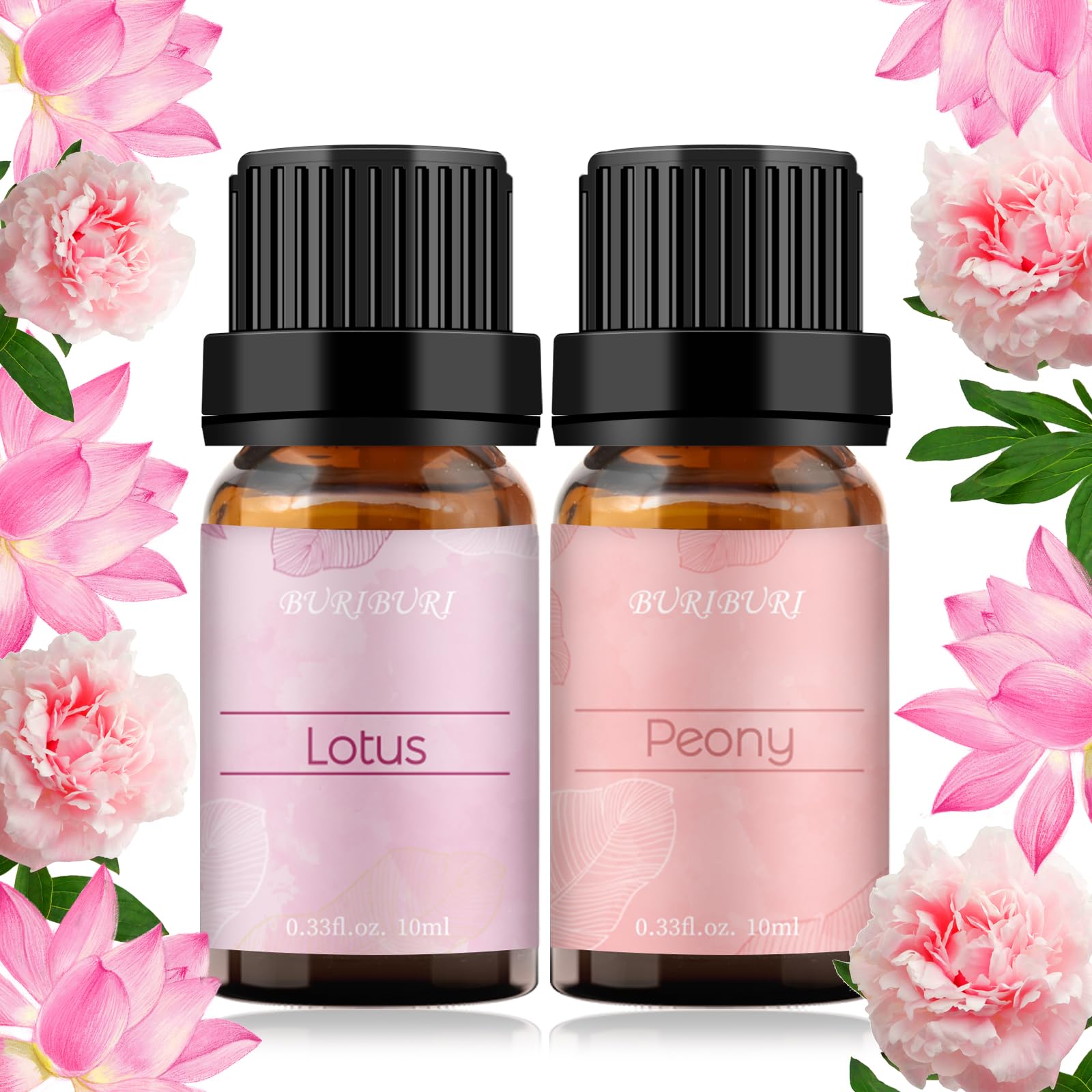 BURIBURI Lotus Essential Oil and Peony Essential Oils Gifts Set 2Pack, 100% Pure Natrual Flower Diffuser Oil for Massage, Soap M