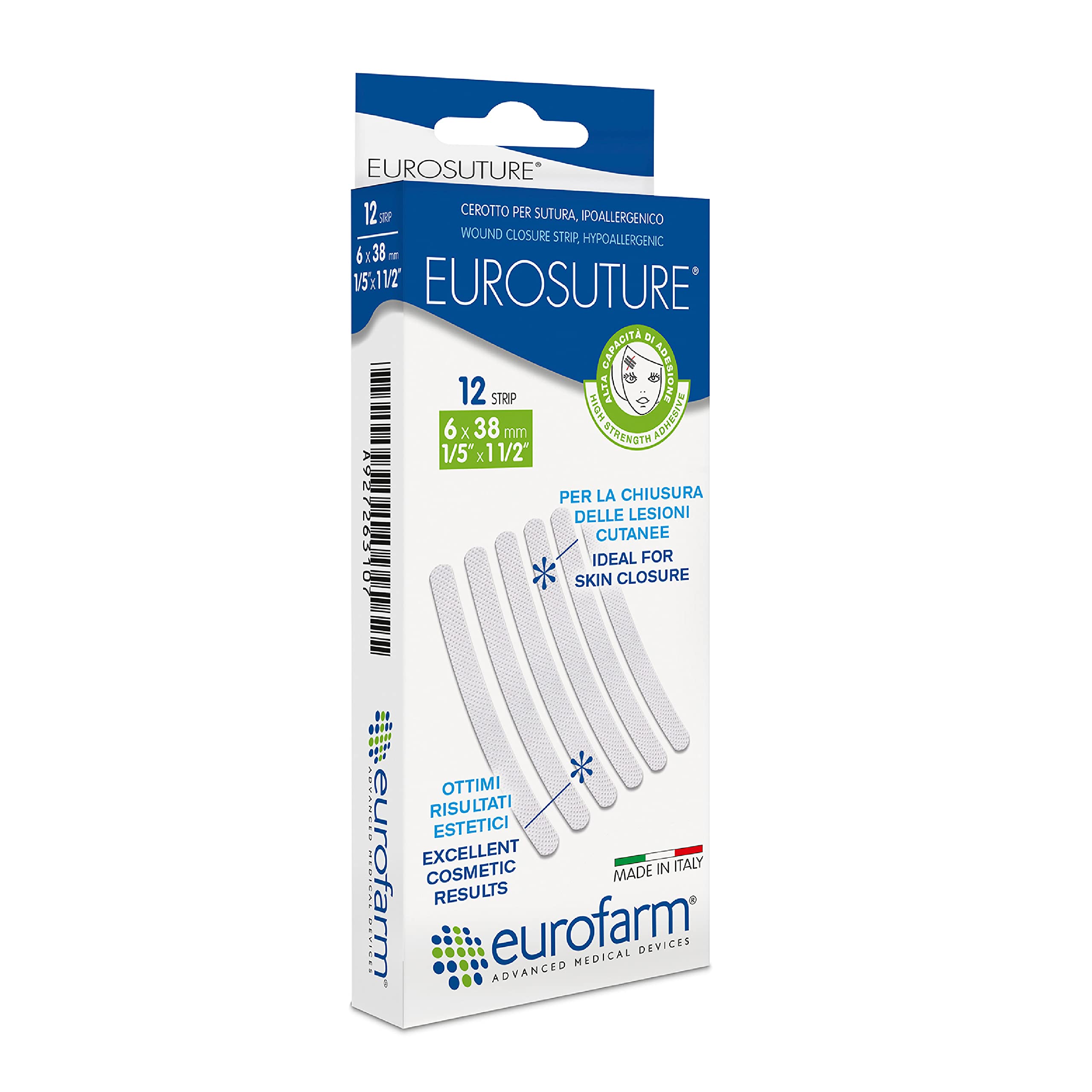 Eurosuture - 1/5 x 1 1/2 in - Skin Closure, Sterile Suture Strips, Dynamic Adherence and Superior Security - 2 Envelopes of 6 St