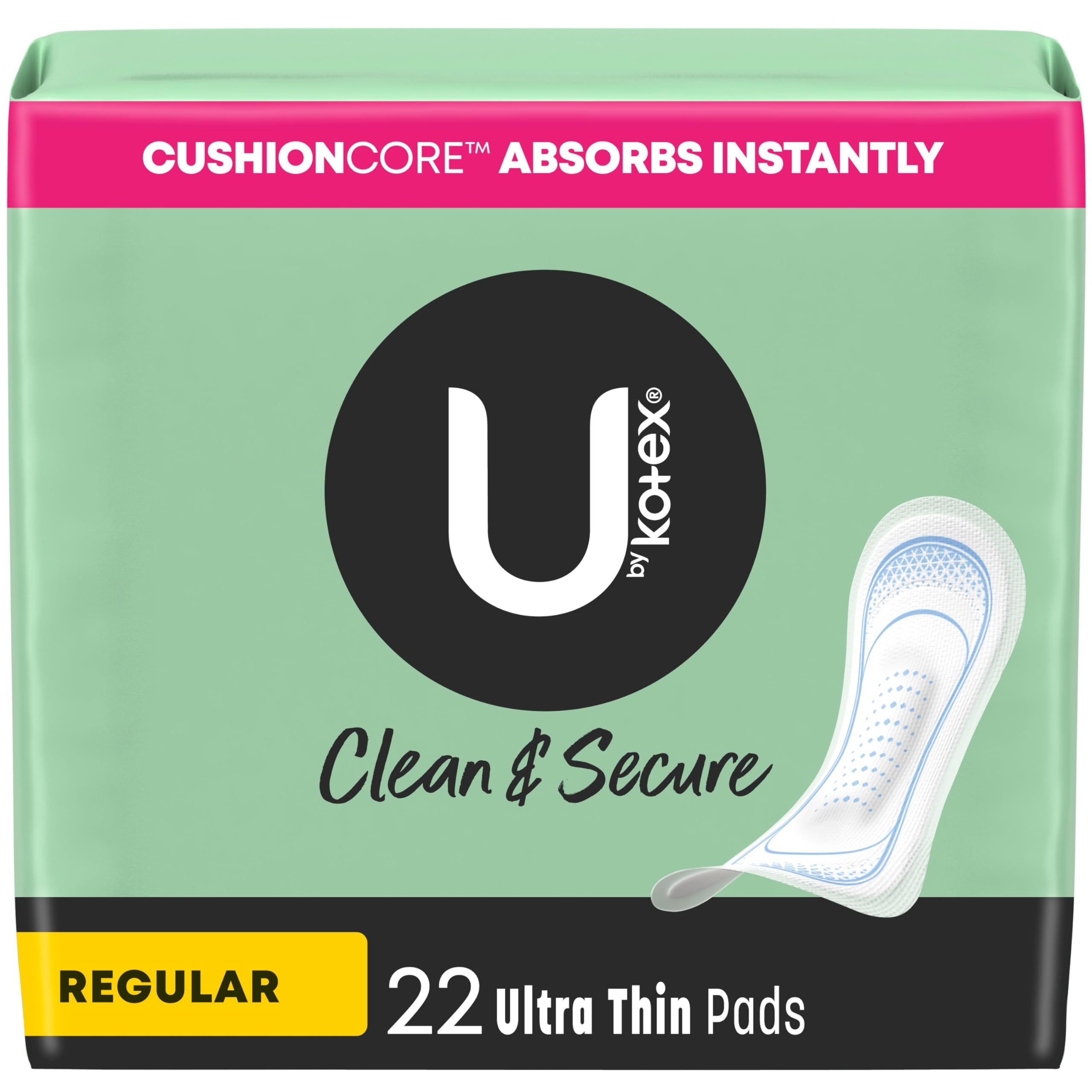 U by Kotex Ultra Thin Pads, Clean & Secure, Regular Absorbency, 22 Count (Packaging May Vary)