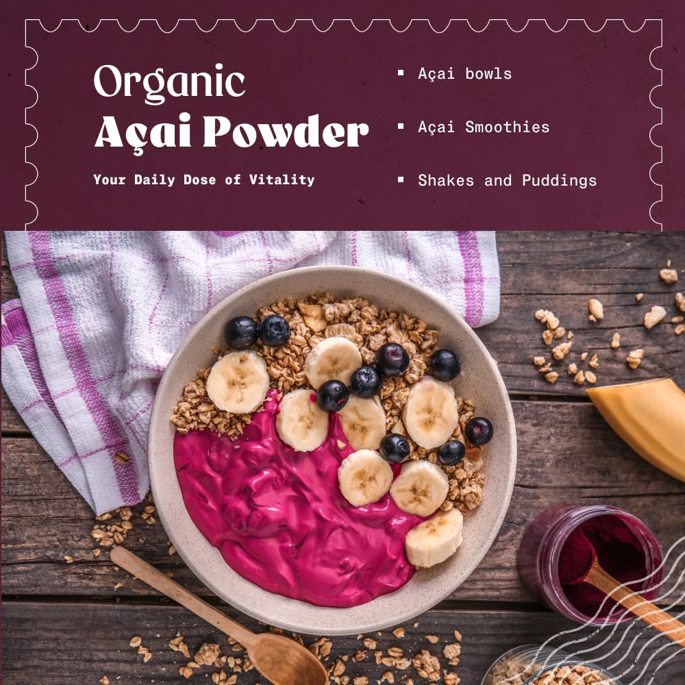 NaturaleBio Organic Acai Powder - 8oz Freeze Dried Acai Berry Powder (Freeze Dried) from Brazil - Dried Raw Food from Acai Fruit