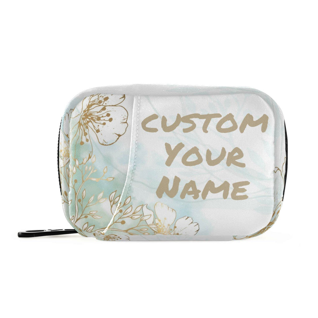 Custom Pill Box 7 Day Pill Case Bag Golden Flowers Personalized Name Travel Pill Organizer Bag with Zipper Portable Weekly Case 