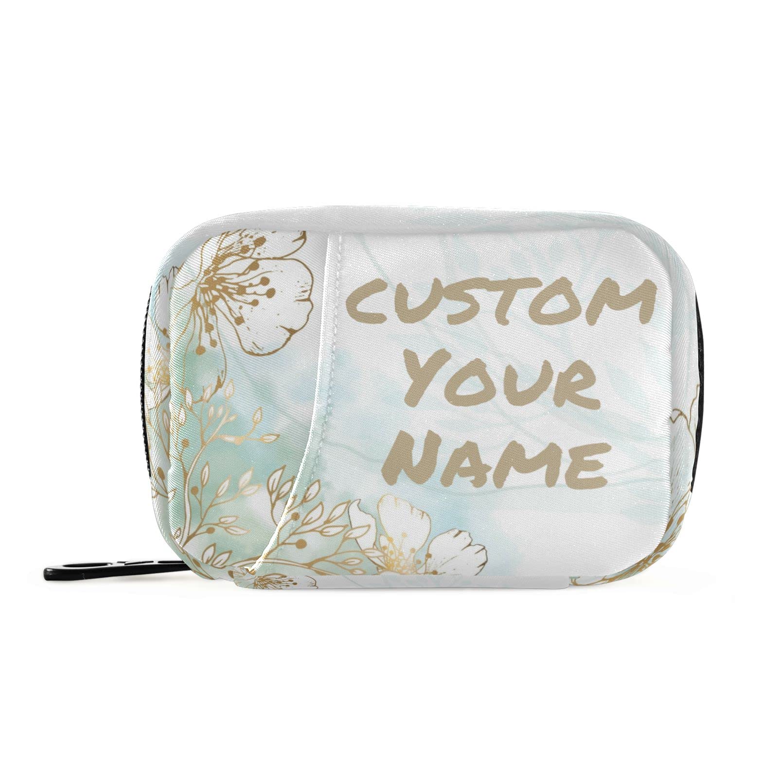 Custom Pill Box 7 Day Pill Case Bag Golden Flowers Personalized Name Travel Pill Organizer Bag with Zipper Portable Weekly Case 