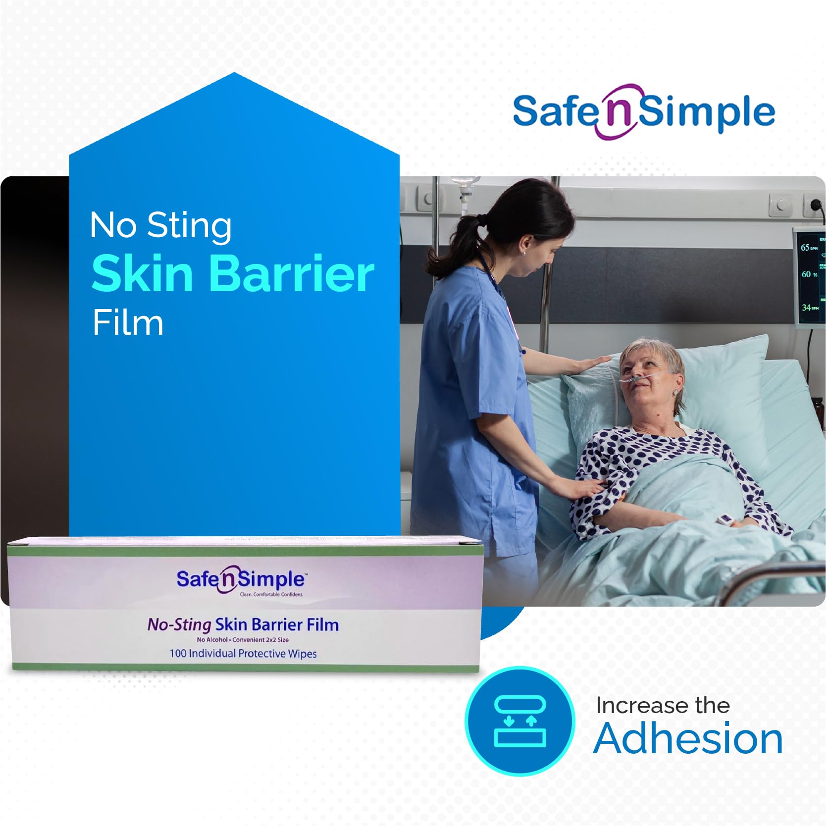 Safe n Simple No Sting Skin Prep Wipes - 100 Individual Ostomy Barrier Film 2.4 x 2.4 - Skin Barrier Film Wipes for Ostomy - Pr