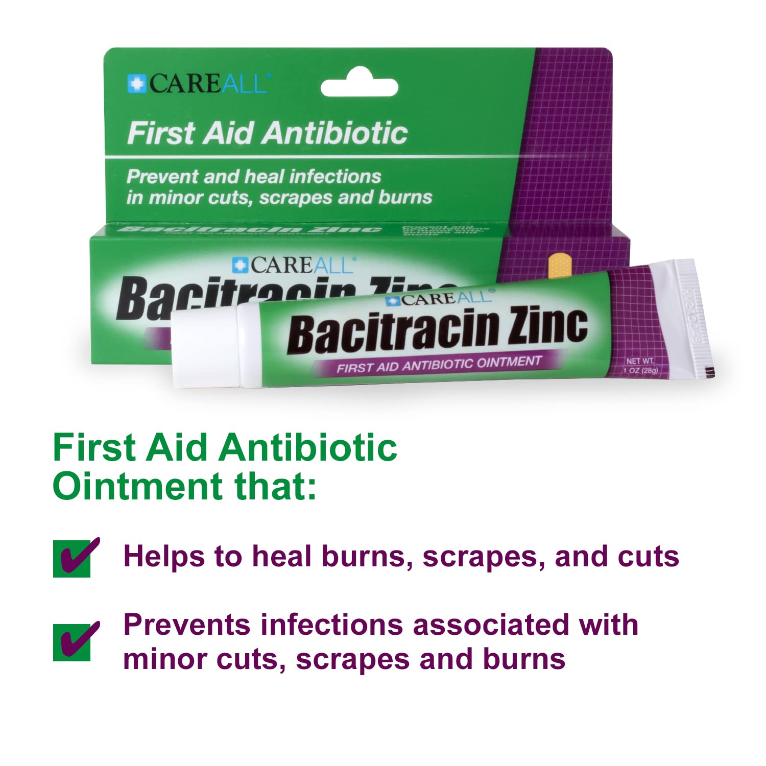 CareAll Bacitracin Antibiotic Zinc Ointment 1oz (3 Pack). First Aid Ointment to Prevent and Heal Infections for Minor cuts, Scra