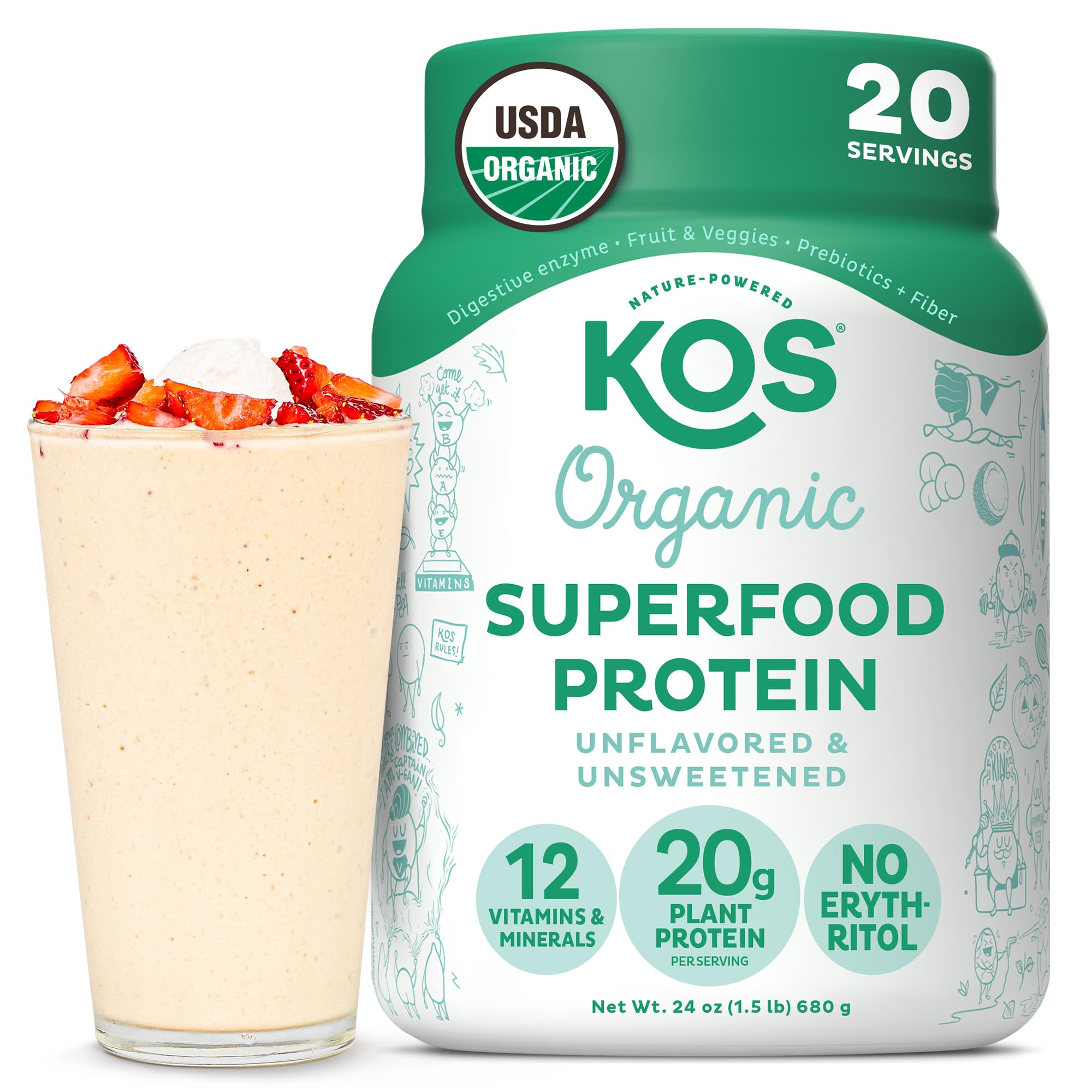 KOS Vegan Protein Powder, Unflavored & Unsweetened - Low Carb Pea Protein Blend, Organic Superfood Rich in Vitamins & Minerals -