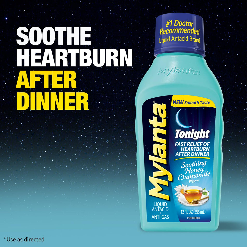 Mylanta Heartburn and Gas Relief, Liquid Antacid, Tonight Formula, Honey Chamomile Flavor, 12 Fl Oz