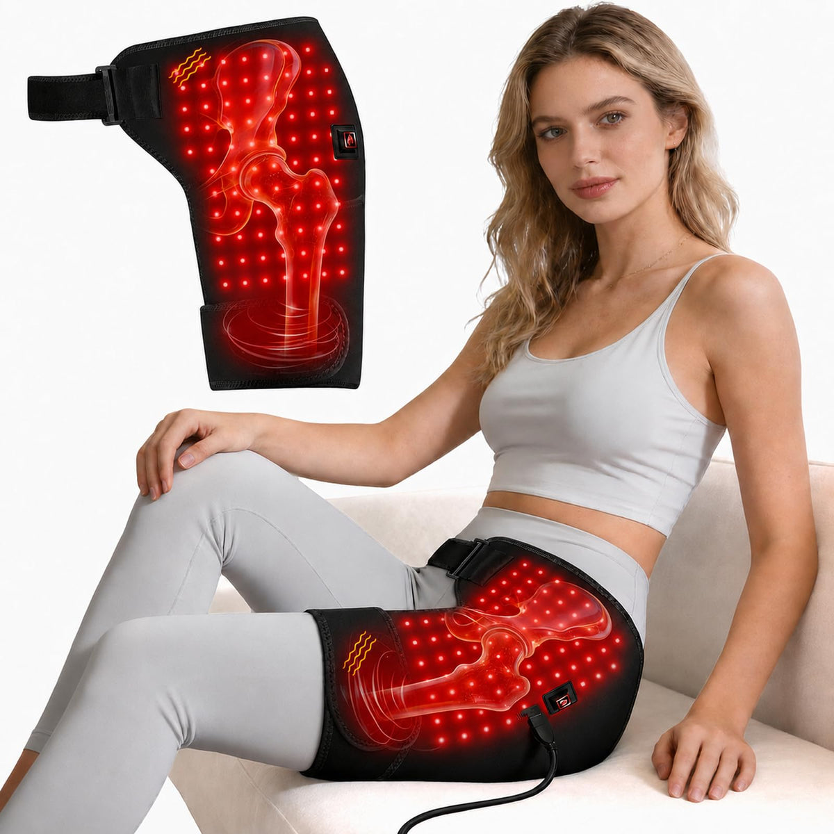 Red Light Therapy for Hip, 105 Lamp Beads USB Powered Hip Brace with 3 Heat Levels, Foldable Heating Pad for Legs, Thighs & Butt