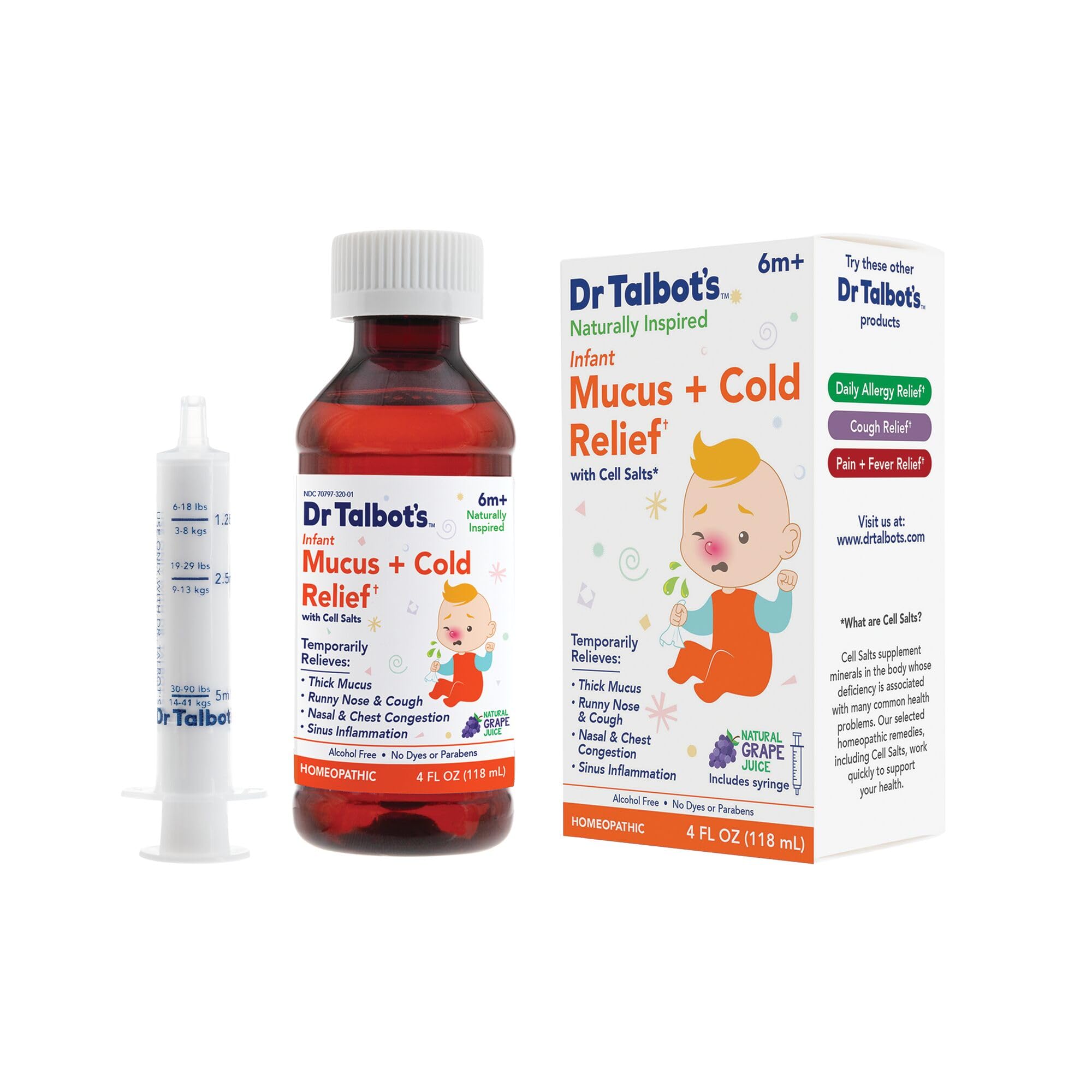 Dr. Talbots Infant Mucus + Cold Relief, Naturally Inspired, for Infants, Includes Syringe, Grape Juice Flavor, 4 Fl Oz