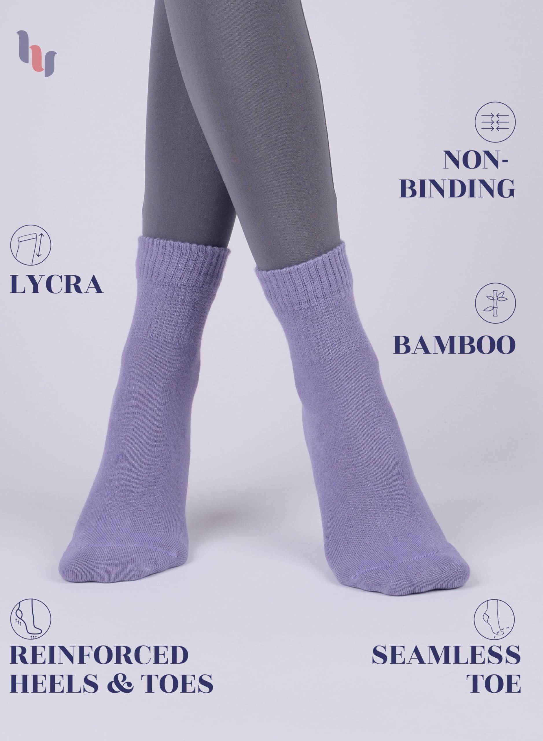 Hugh Ugoli Women Diabetic Ankle Socks, Super Soft & Thin Bamboo Socks, Wide & Loose, Non-Binding Top & Seamless Toe, 4 Pairs, As
