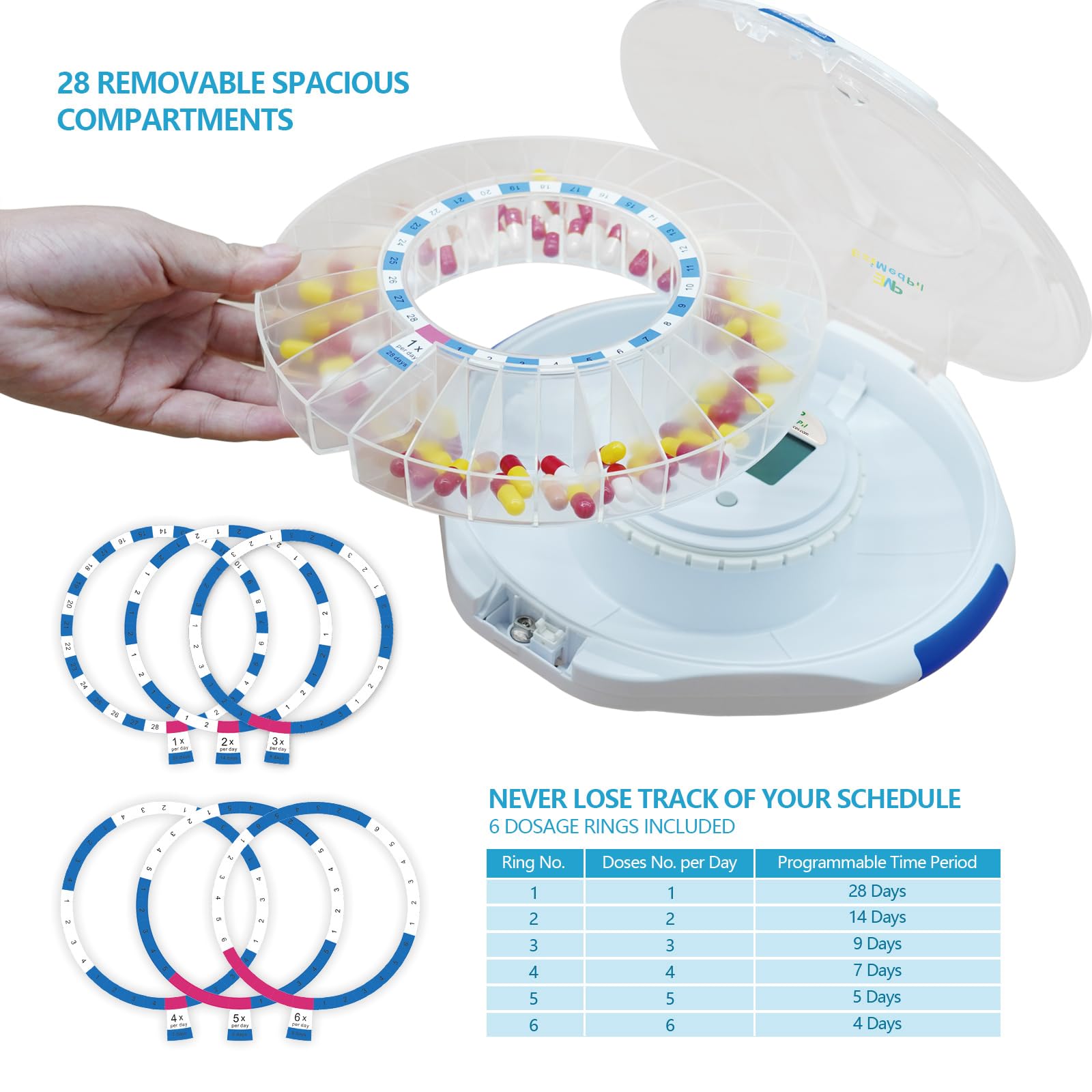 EziMedPil Automatic Pill Dispenser with Alarm, Sound & Light, up to 6 Alarms/Day, Easy-Read Display, 6 Dosage Templates, Locked