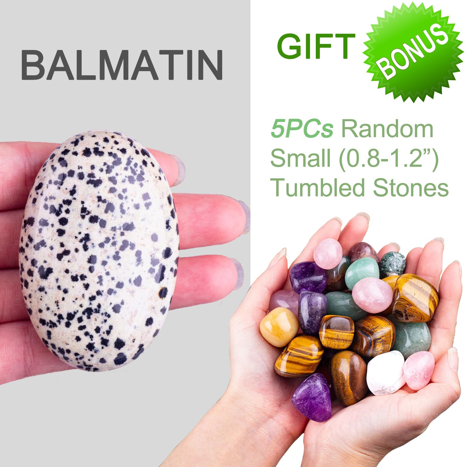 1PC Balmatin Natural Oval Worry Stone 2.4+5 PCs Natural Stones, STINO Real Crystal Dalmatian Palm Stone for Anxitey, Pocket Heal