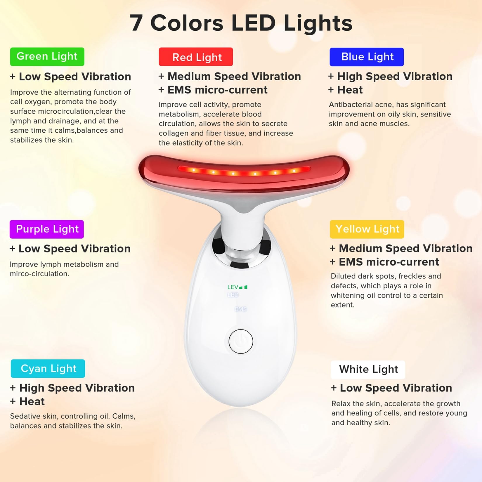 Face Neck Massager with 7-Color Light Modes for Face Sculpting Skin Care,Tightening,Smoothness - Red LED Light Therapy Device To