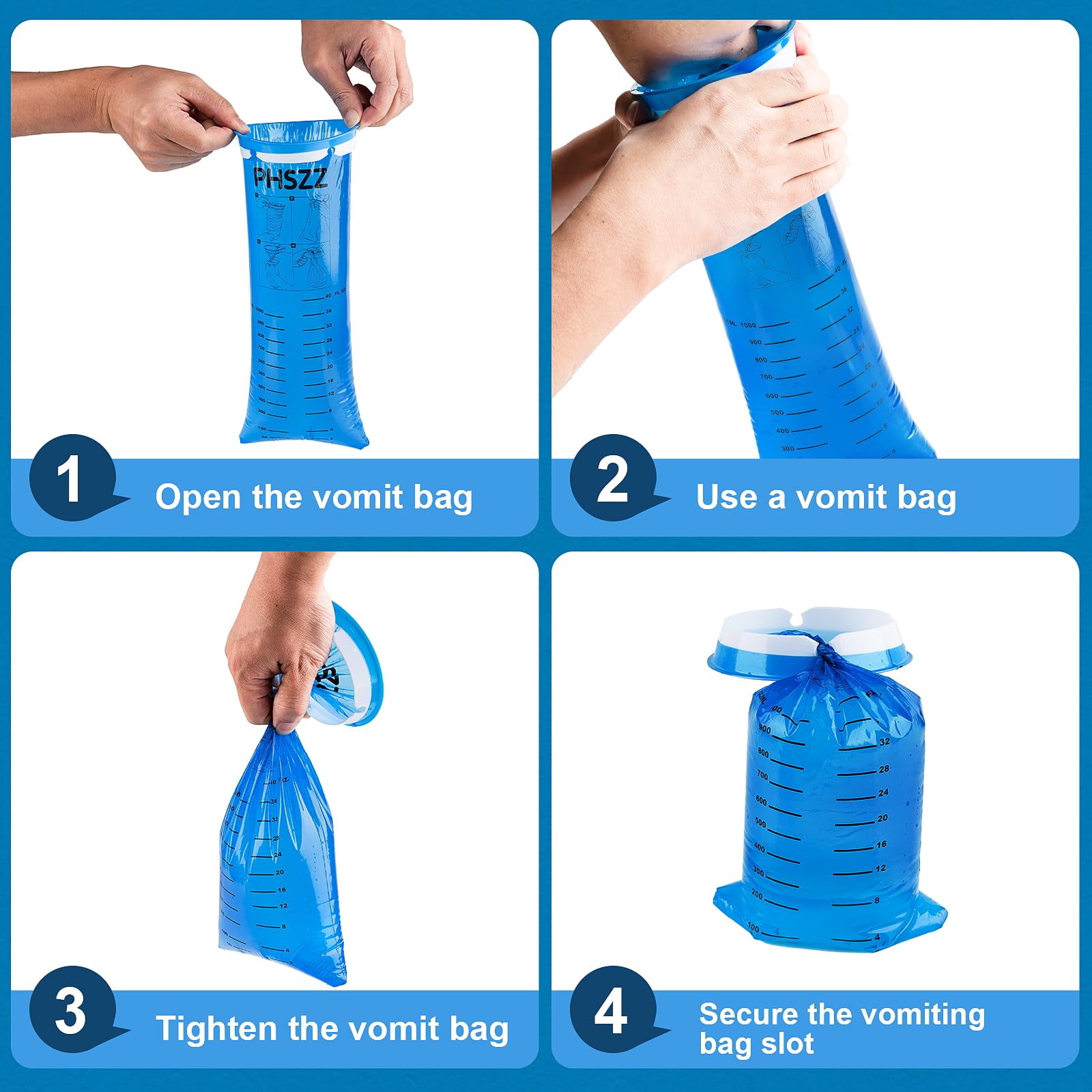 PHSZZ 100 Pack Vomit Bags Disposable, Leak Resistant Barf Bags, Portable Blue Vomit Bag, 1000 Ml Emesis Puke Throw Up Nausea Mot