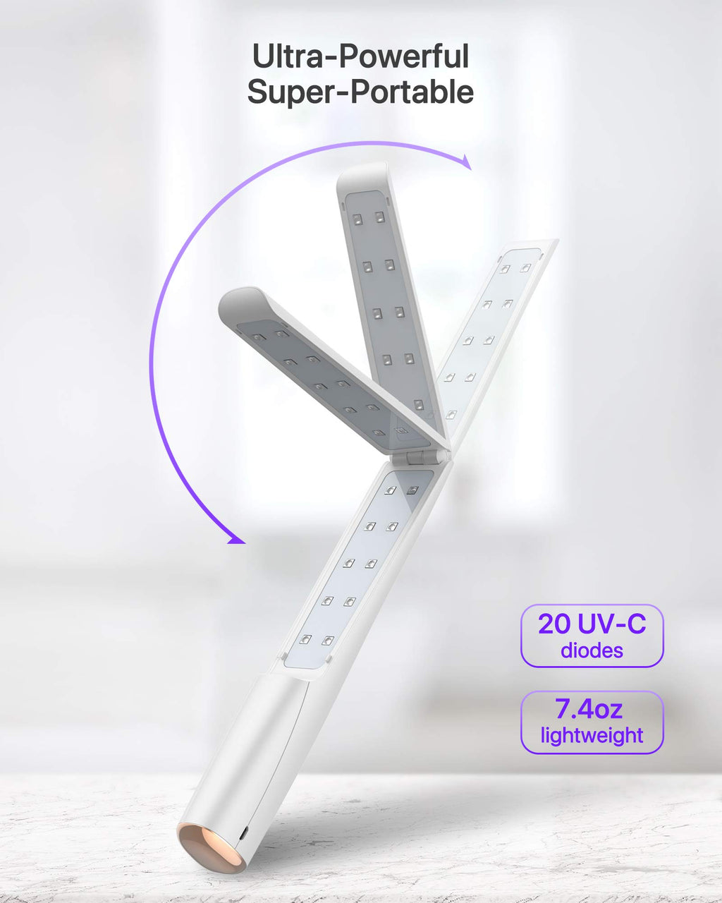 UV Light Sanitizer Wand, Portable UVC Light Disinfector Lamp Chargable Foldable UV Wand for Home Hotel Travel with 20 UV-C LED B