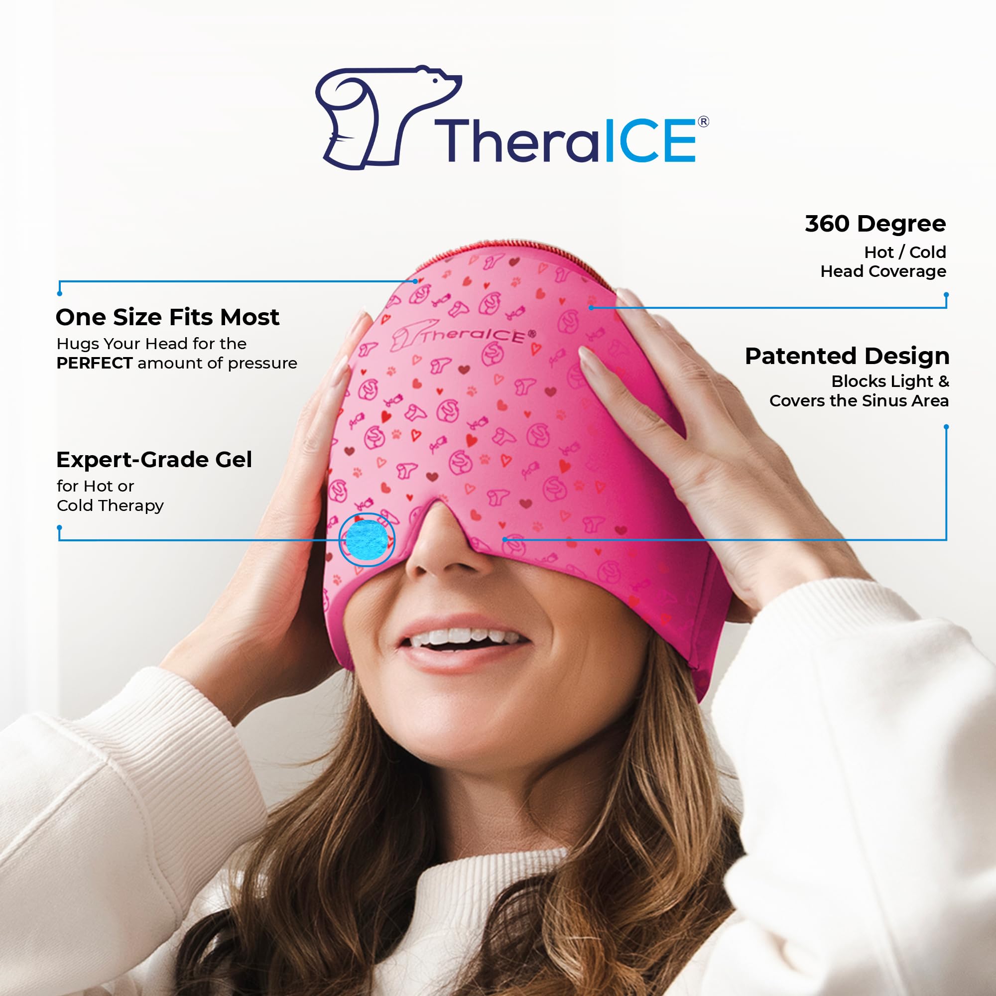 TheraICE Migraine Relief Cap, Migraine Ice Pack Mask, Women Cooling Gel Hat, Face Cold Compress Head Wrap for Her Stress. Great