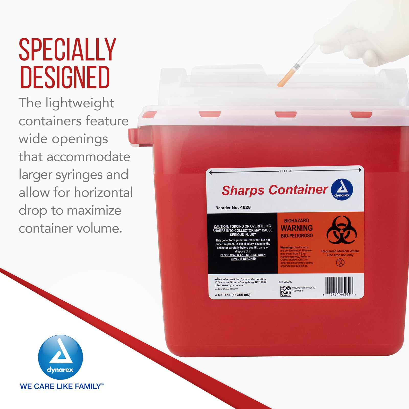 Dynarex 4628 Sharp Container, Provides a Safe Disposal of Medical Waste and Needles, Non-Sterile & Latex-Free, 3 Gallons, Made w