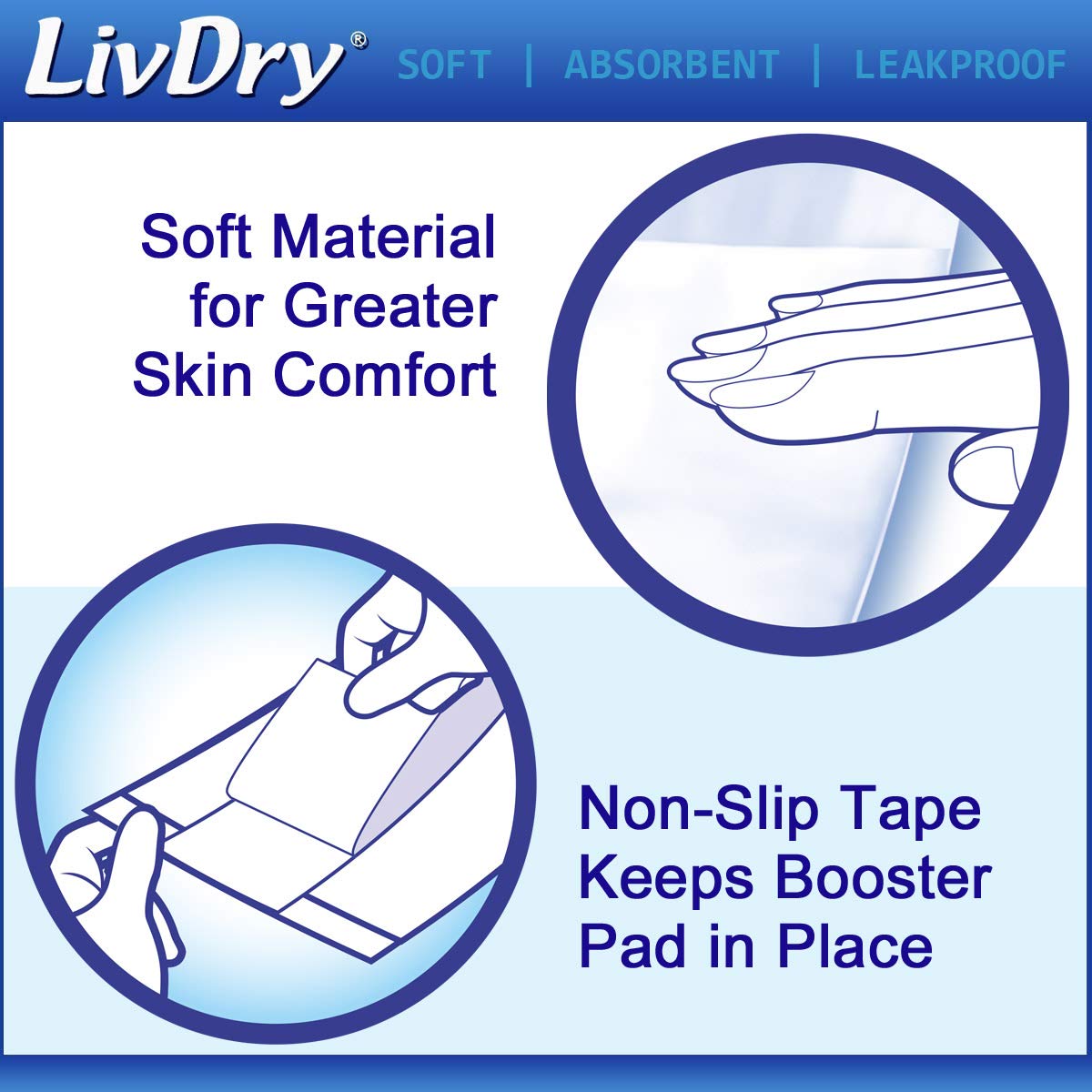 LivDry Incontinence Booster Pads, Use with Adult Diapers for Women and Men, Extra Comfort Softness, Disposable Pad (16 Count, Lo
