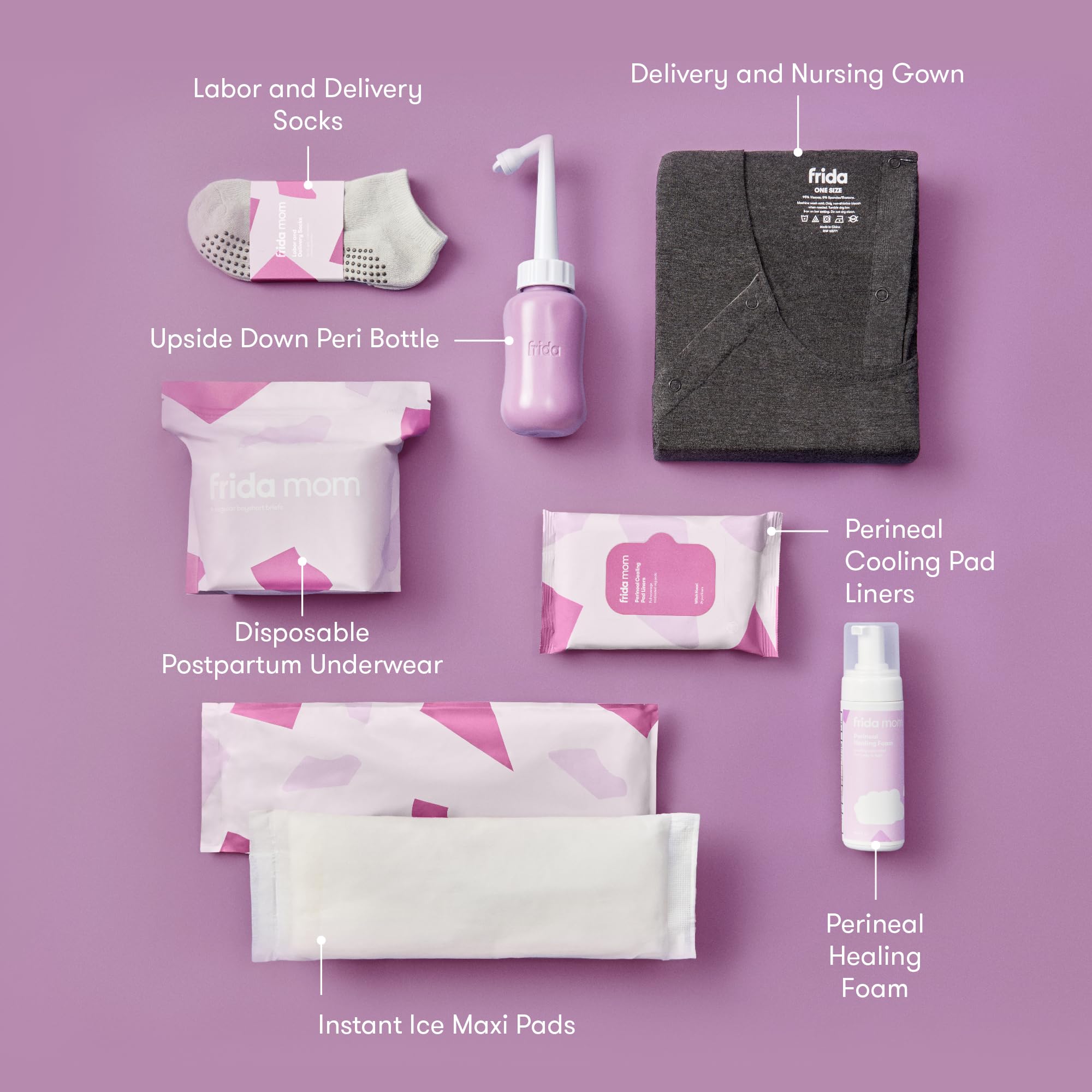 Frida Mom Labor, Delivery, & Postpartum Kit, Baby Shower Gifts, Socks, Peri Bottle, Nursing Gown, Disposable Underwear, Ice Maxi