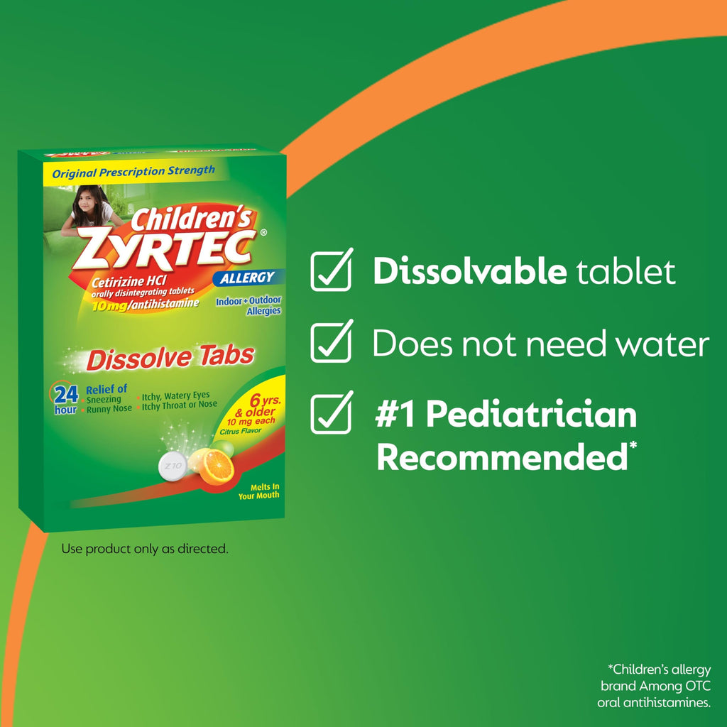 Zyrtec Childrens 24 Hour Dissolving Allergy Relief Tablets with 10 mg Childrens Cetirizine Hydrochloride, Citrus Flavored Diss