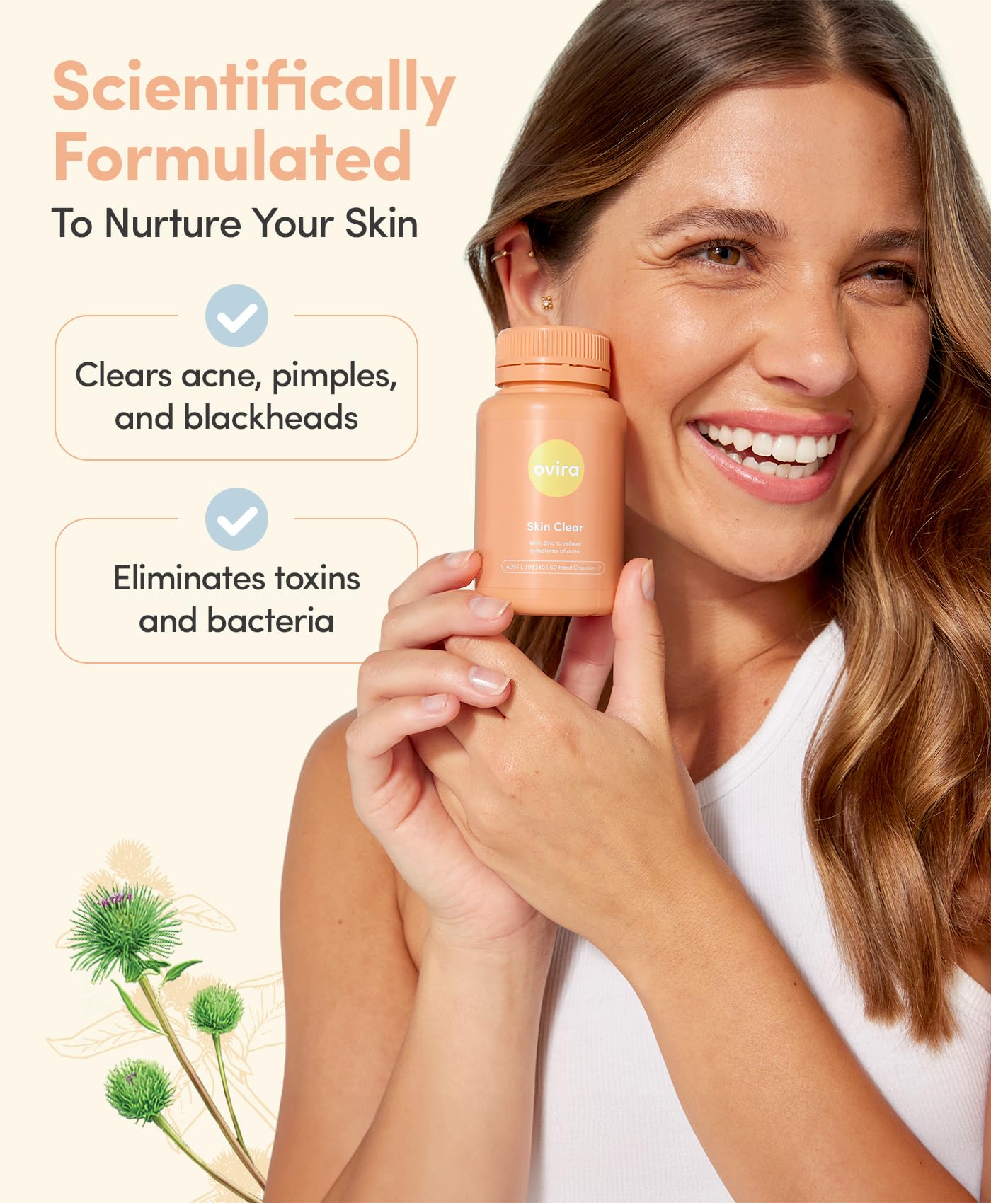 Ovira Skin Clear with ZINCBRIGHT - 60 Capsules for Clear and Glowing Skin | Rosacea & Hormonal Acne Treatment | Support Collagen