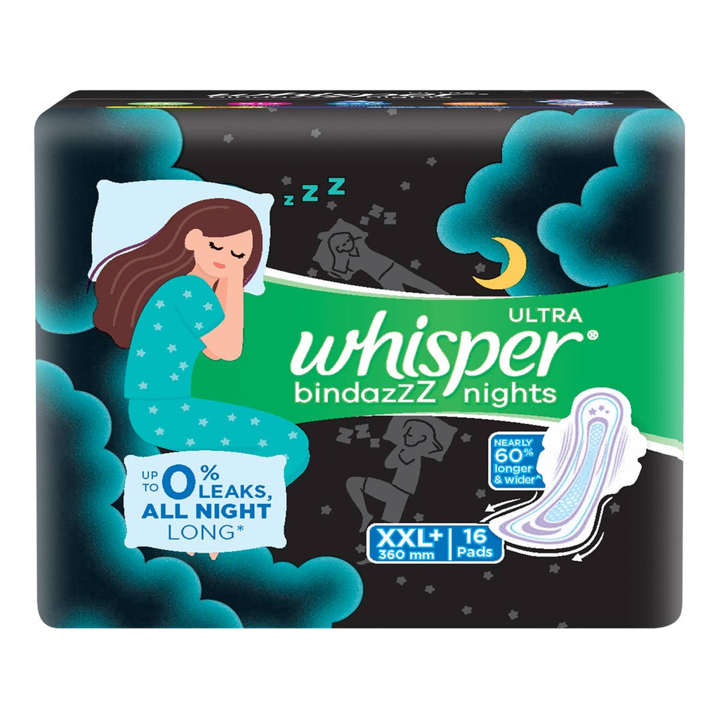 Whisper Bindazzz Night Sanitary Pads|Pack of 16 Thin Pads|XXL+|Upto 0% Leaks|60% Longer & Wider Back|Dry Top Sheet|Long Lasting 