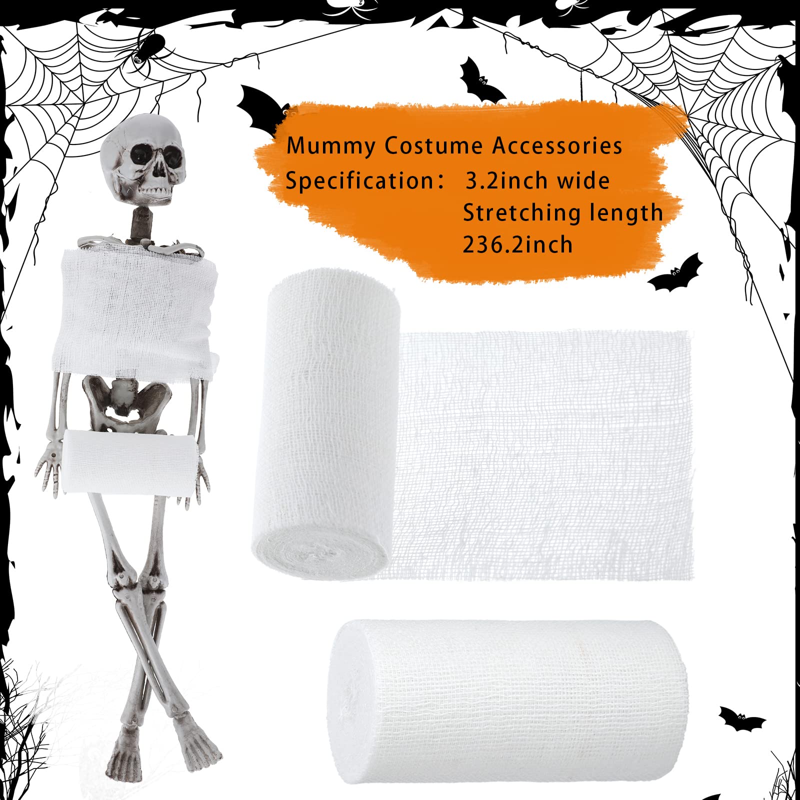BBTO 6 Rolls Halloween Performance Mummify Cotton Bandages Gauze Rolls White Gauze Wrap Zombie Crepe Bandage Cosplay Mummy Stret