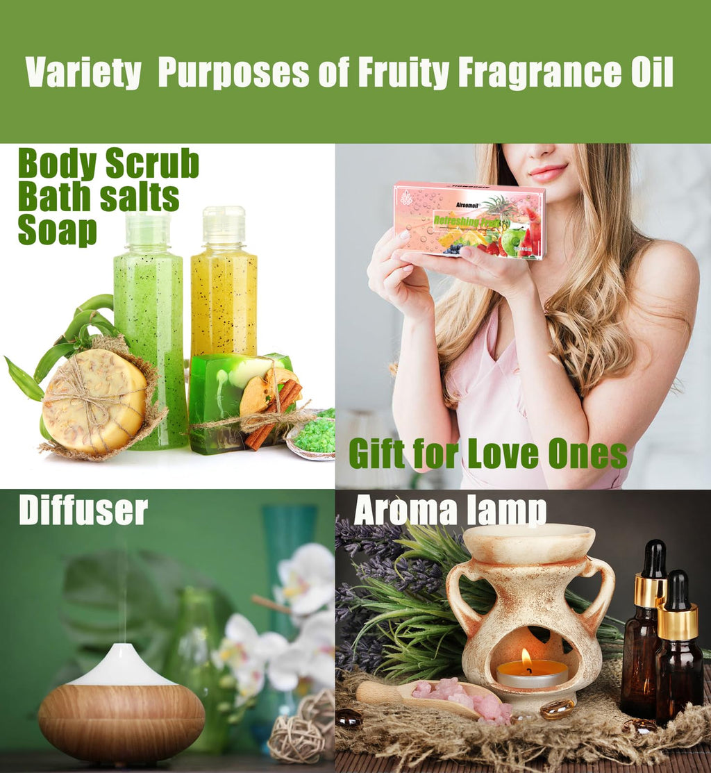 Refreshing Fruit Fragrance Oil Set - Essential Blends for Diffusers, Candle & Soap Making - Includes Peach, Pear, Pineapple, Gre